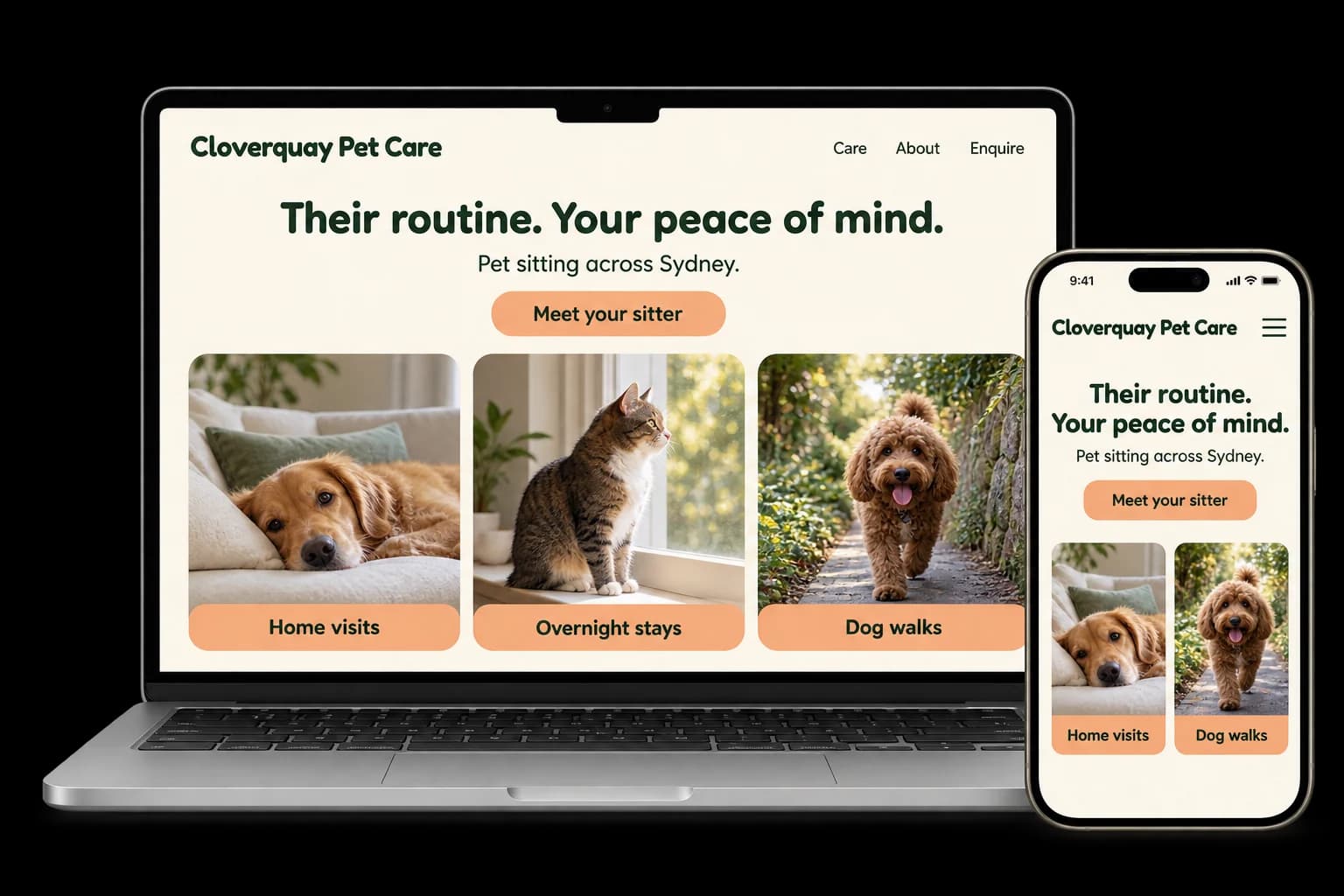 Pet sitting website shown on a laptop and phone, with a red Book a meet and greet button and pet sitting, dog walking and drop-in services