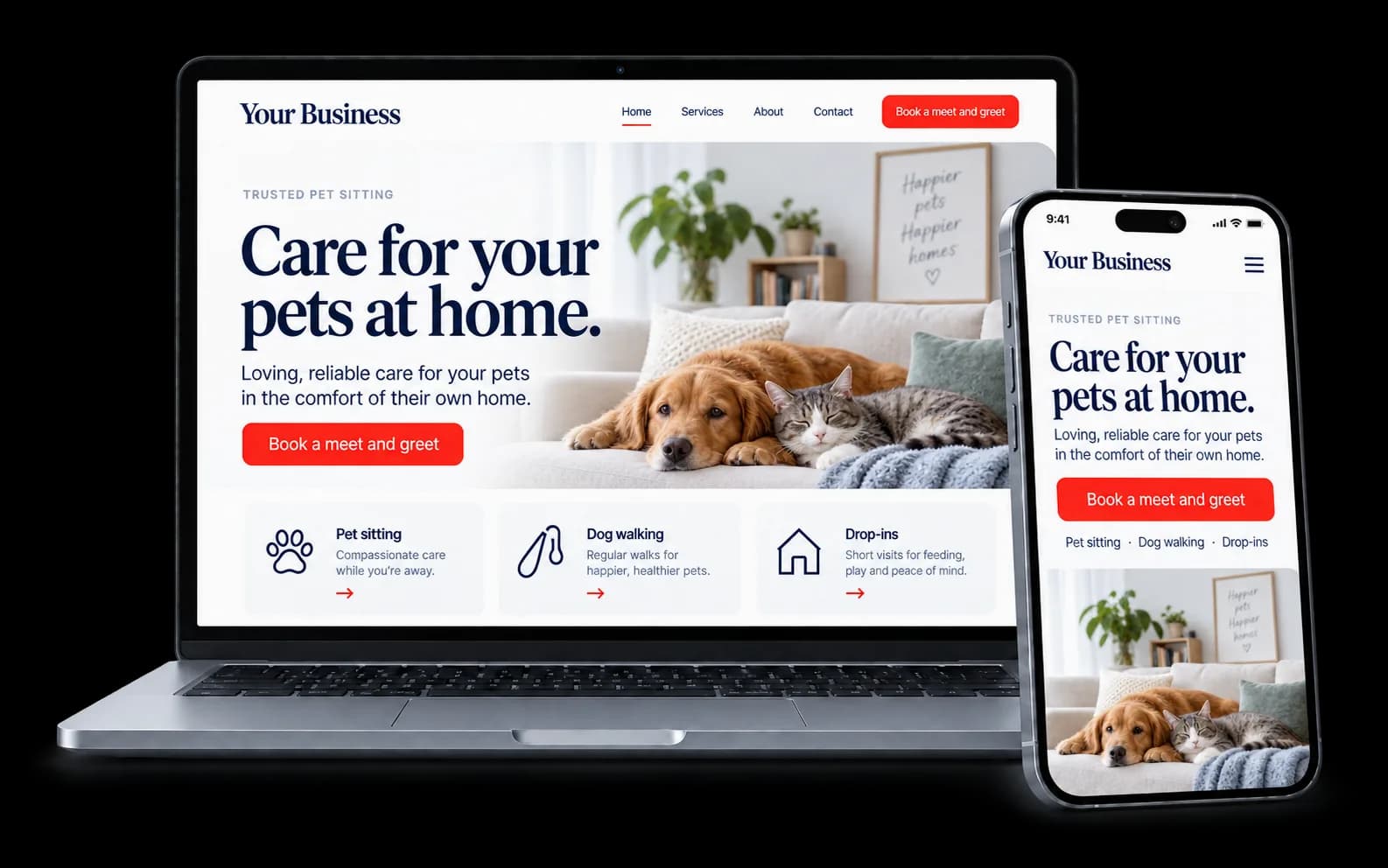 Pet sitting website shown on a laptop and phone, with a red Book a meet and greet button and pet sitting, dog walking and drop-in services