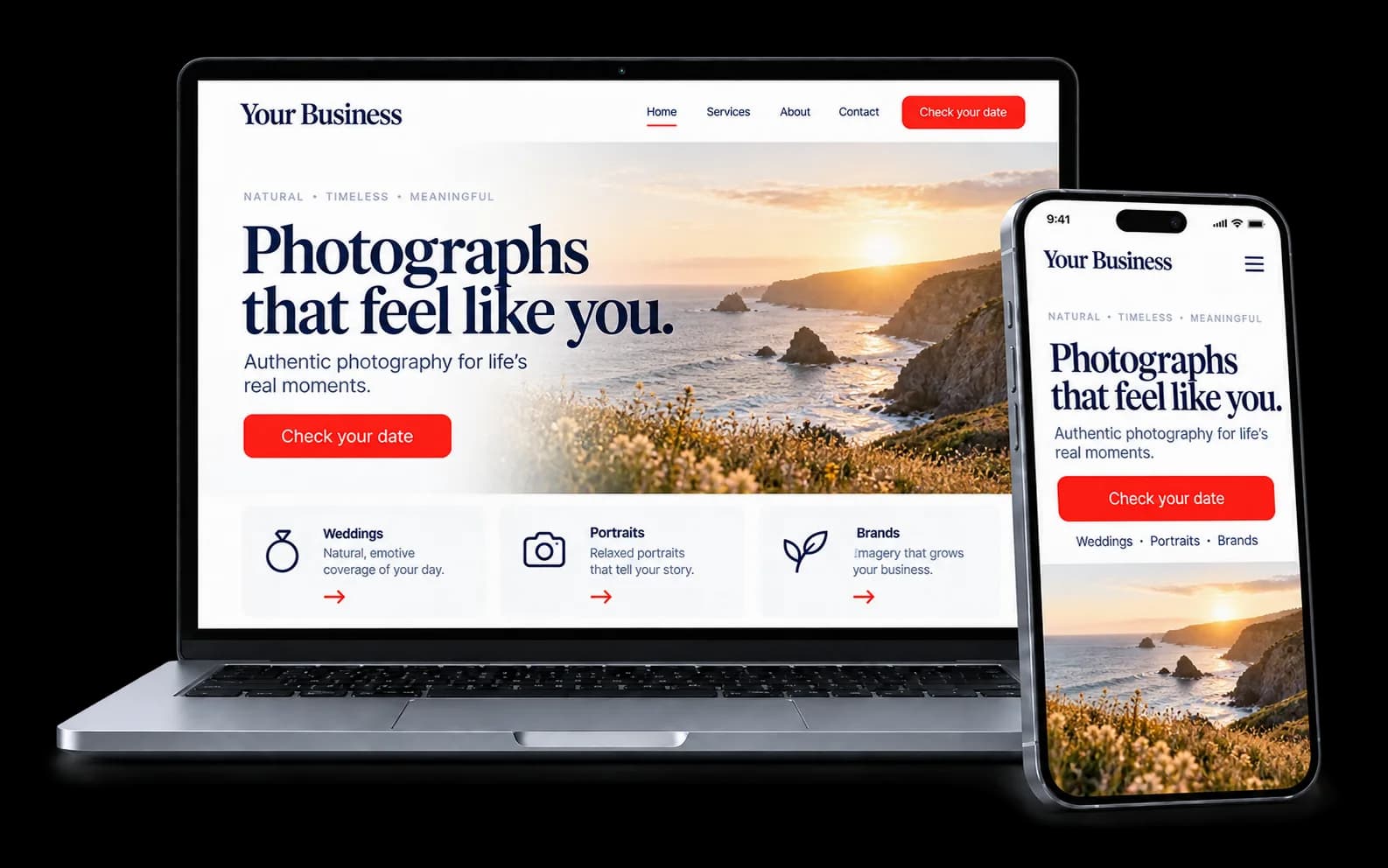 Photography portfolio website shown on a laptop and phone, with a red Check your date button and wedding, portrait and brand galleries