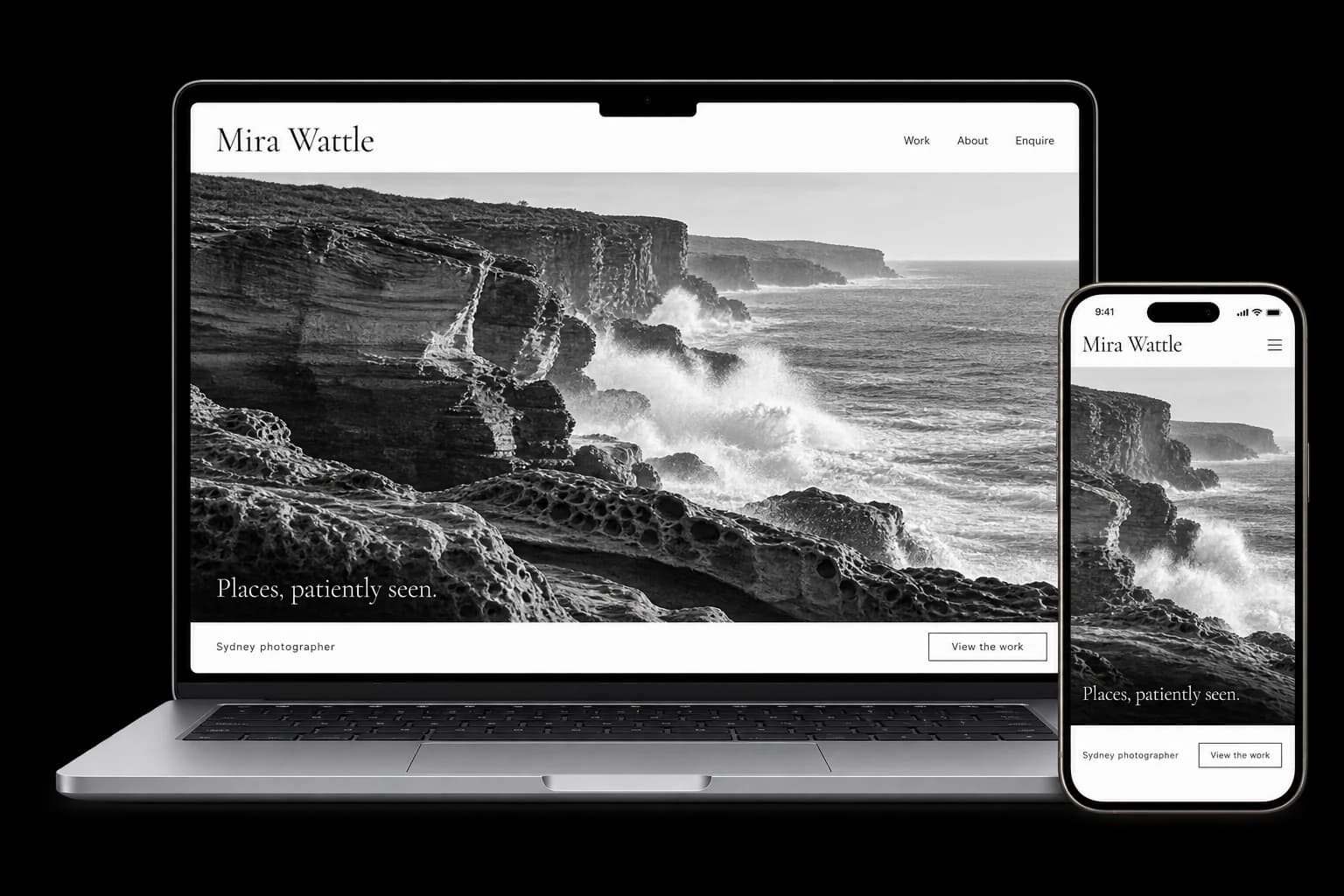 Photography portfolio website shown on a laptop and phone, with a red Check your date button and wedding, portrait and brand galleries