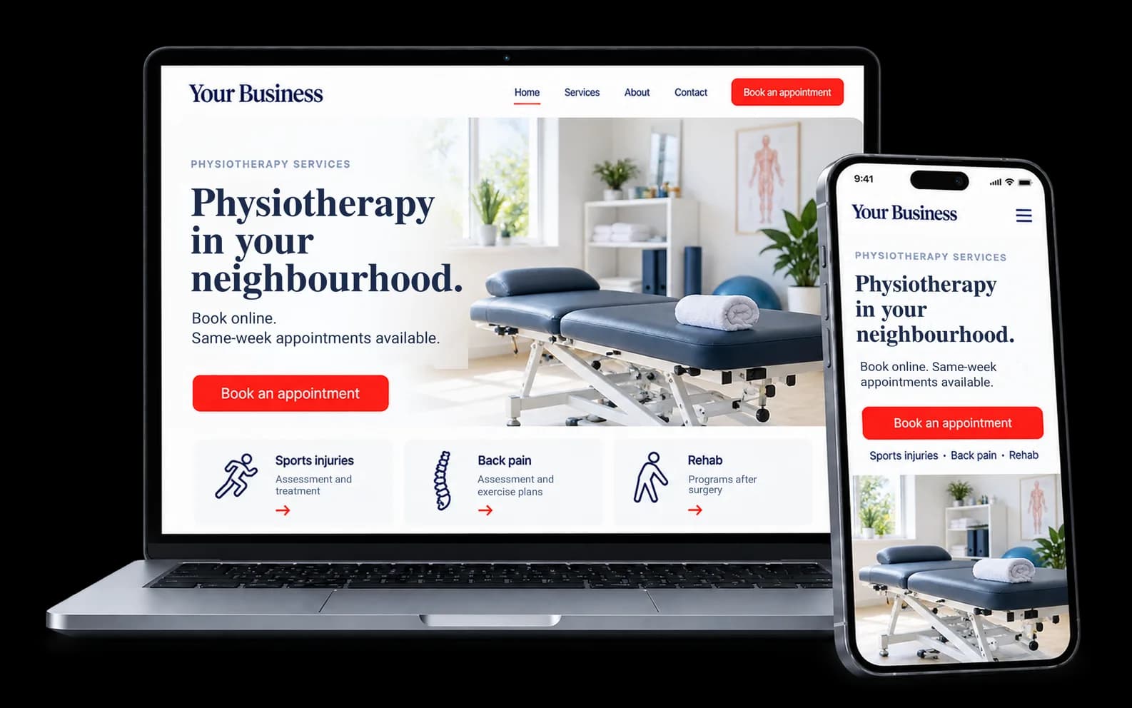 Physiotherapy clinic website shown on a laptop and phone, with a red Book an appointment button and sports injury, back pain and rehab services