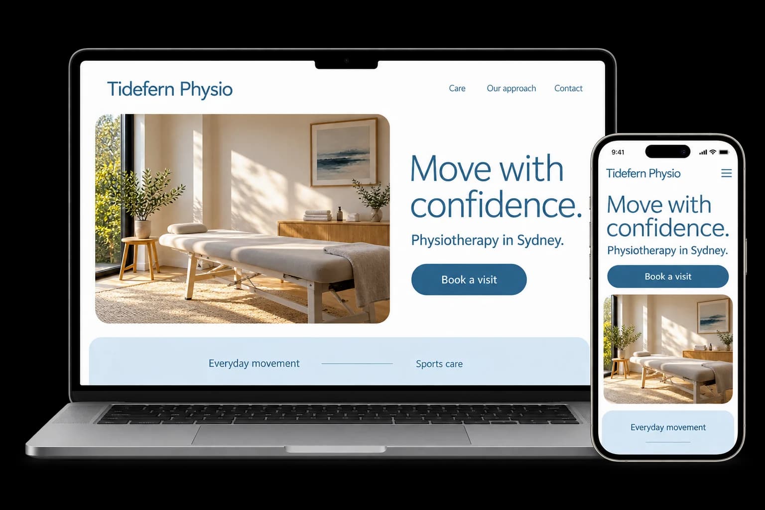 Physiotherapy clinic website shown on a laptop and phone, with a red Book an appointment button and sports injury, back pain and rehab services