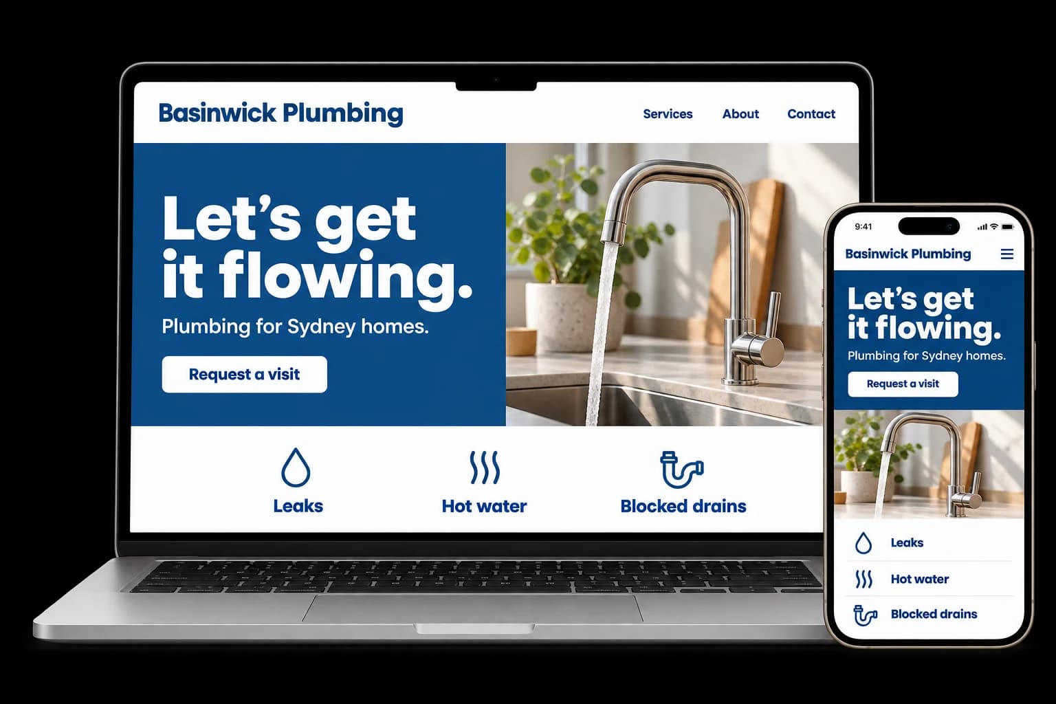 Plumbing website shown on a laptop and phone, with a red Call now button and hot water, gas fitting and drainage services