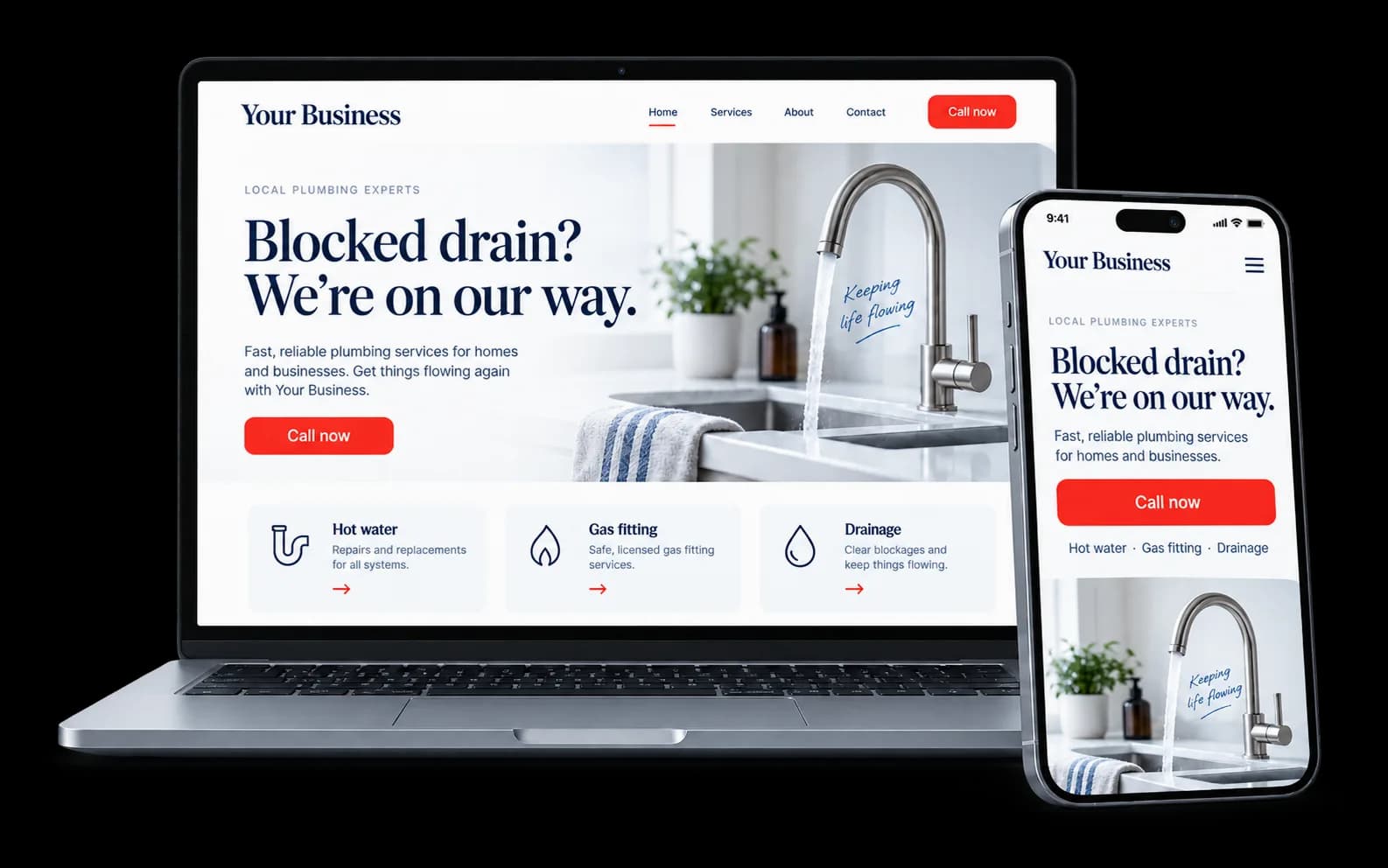 Plumbing website shown on a laptop and phone, with a red Call now button and hot water, gas fitting and drainage services