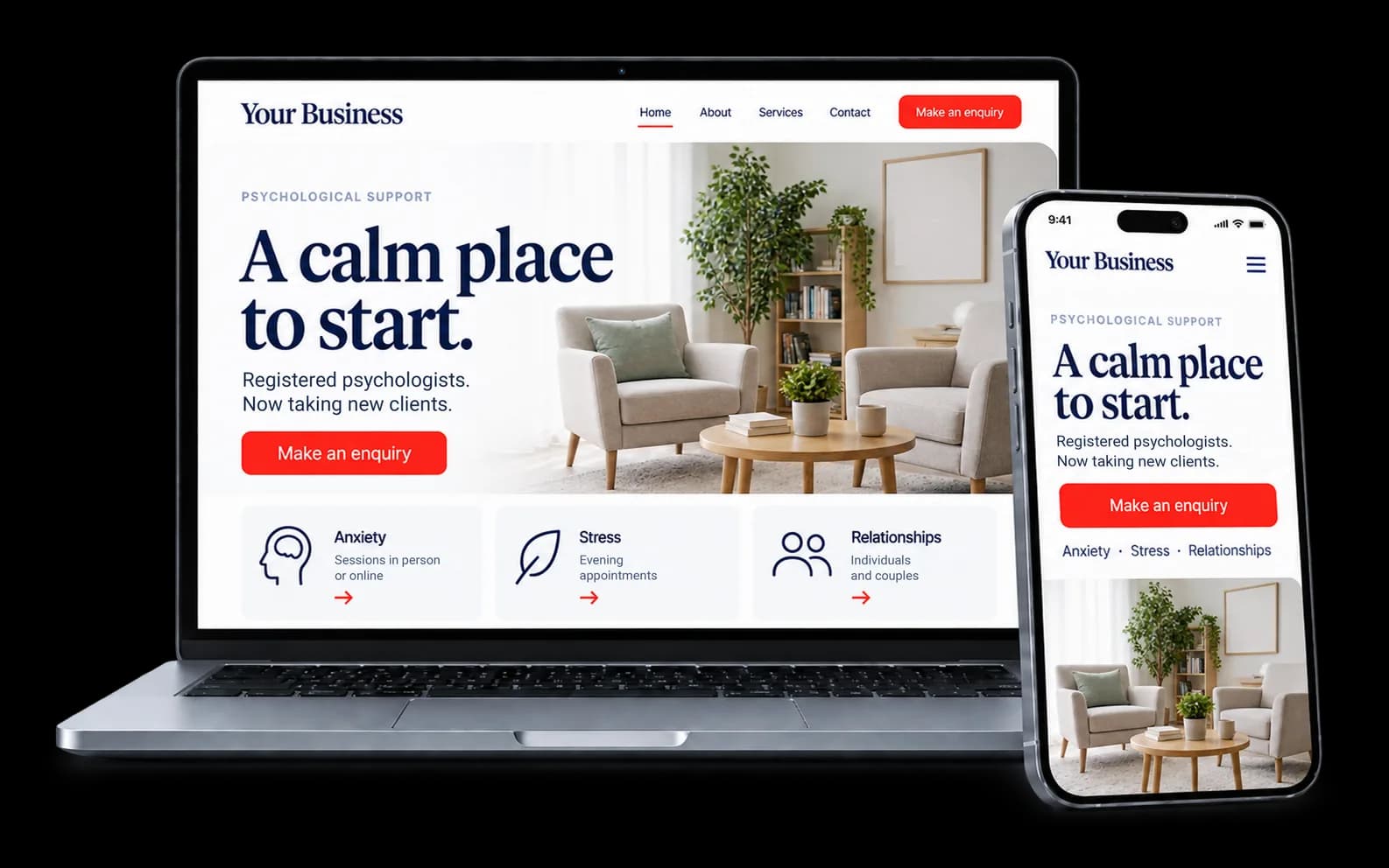 Psychology practice website shown on a laptop and phone, with a red Make an enquiry button and a calm consulting room photo