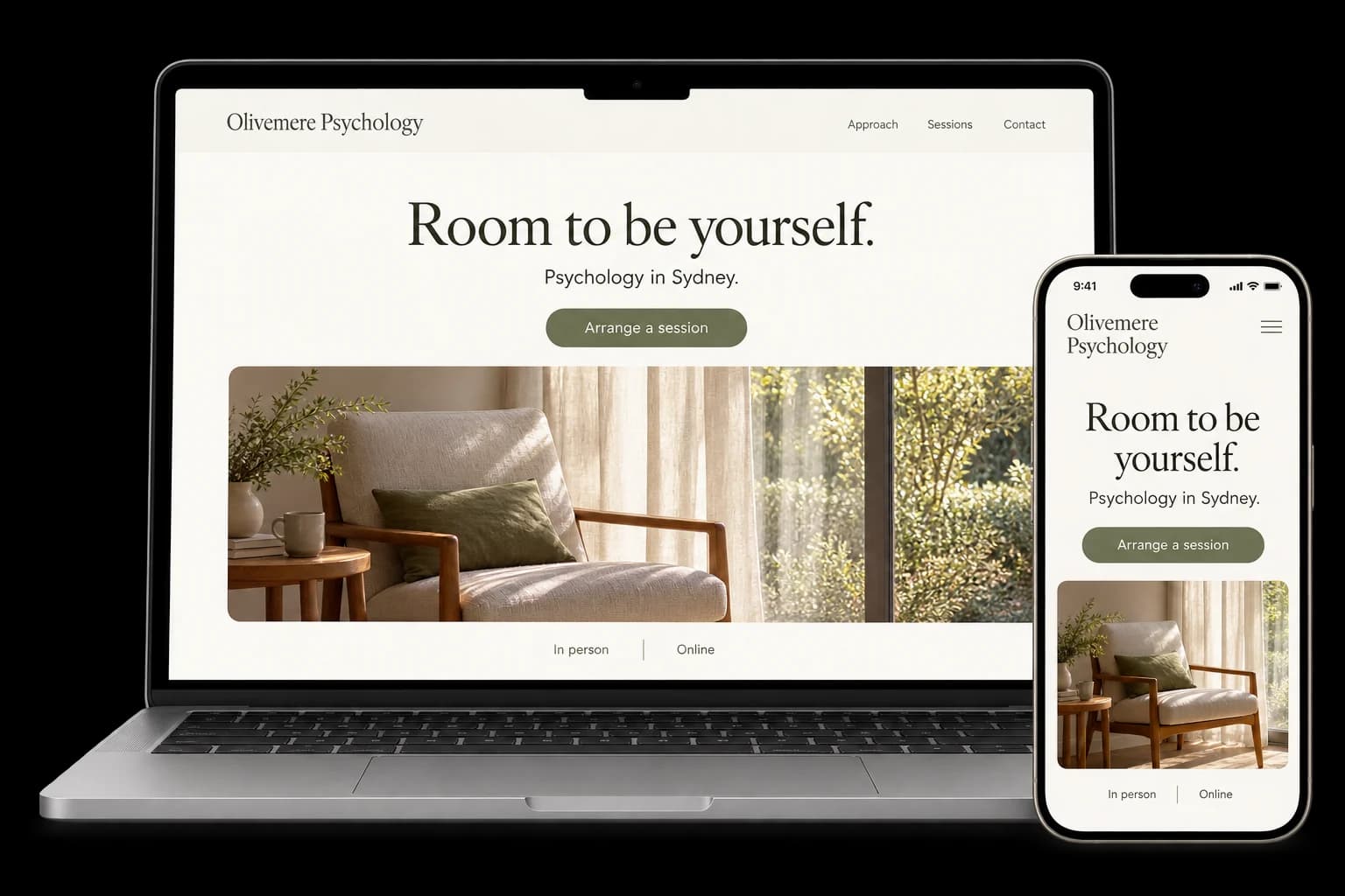 Psychology practice website shown on a laptop and phone, with a red Make an enquiry button and a calm consulting room photo