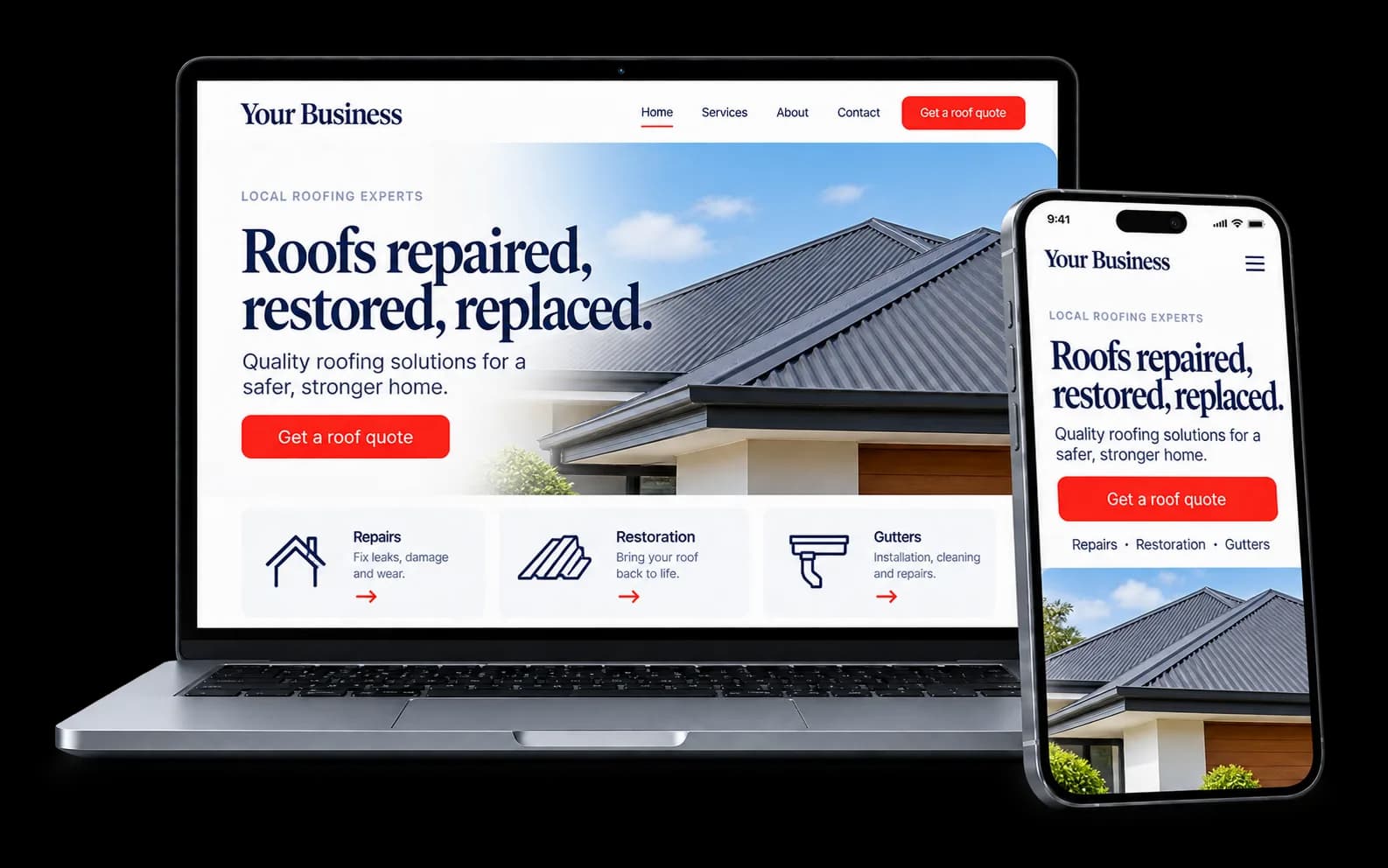 Roofing website shown on a laptop and phone, with a red Get a roof quote button and repairs, restoration and gutter services