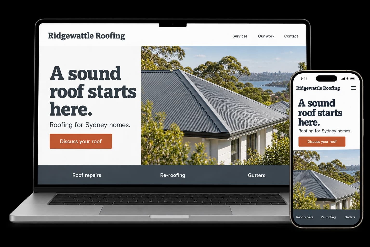 Roofing website shown on a laptop and phone, with a red Get a roof quote button and repairs, restoration and gutter services