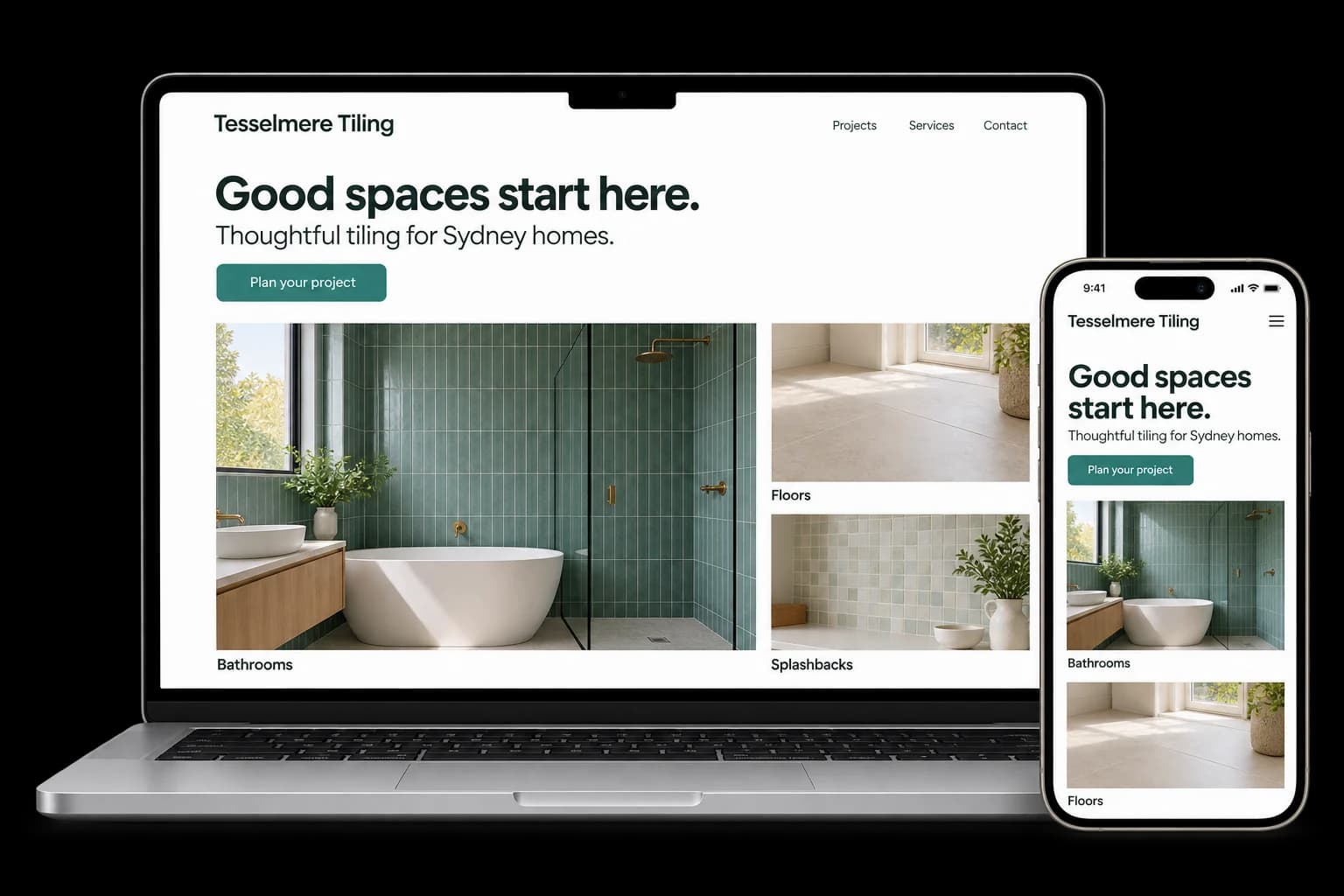 Tiling business website shown on a laptop and phone, with a red Request a quote button and bathroom, kitchen and outdoor tiling