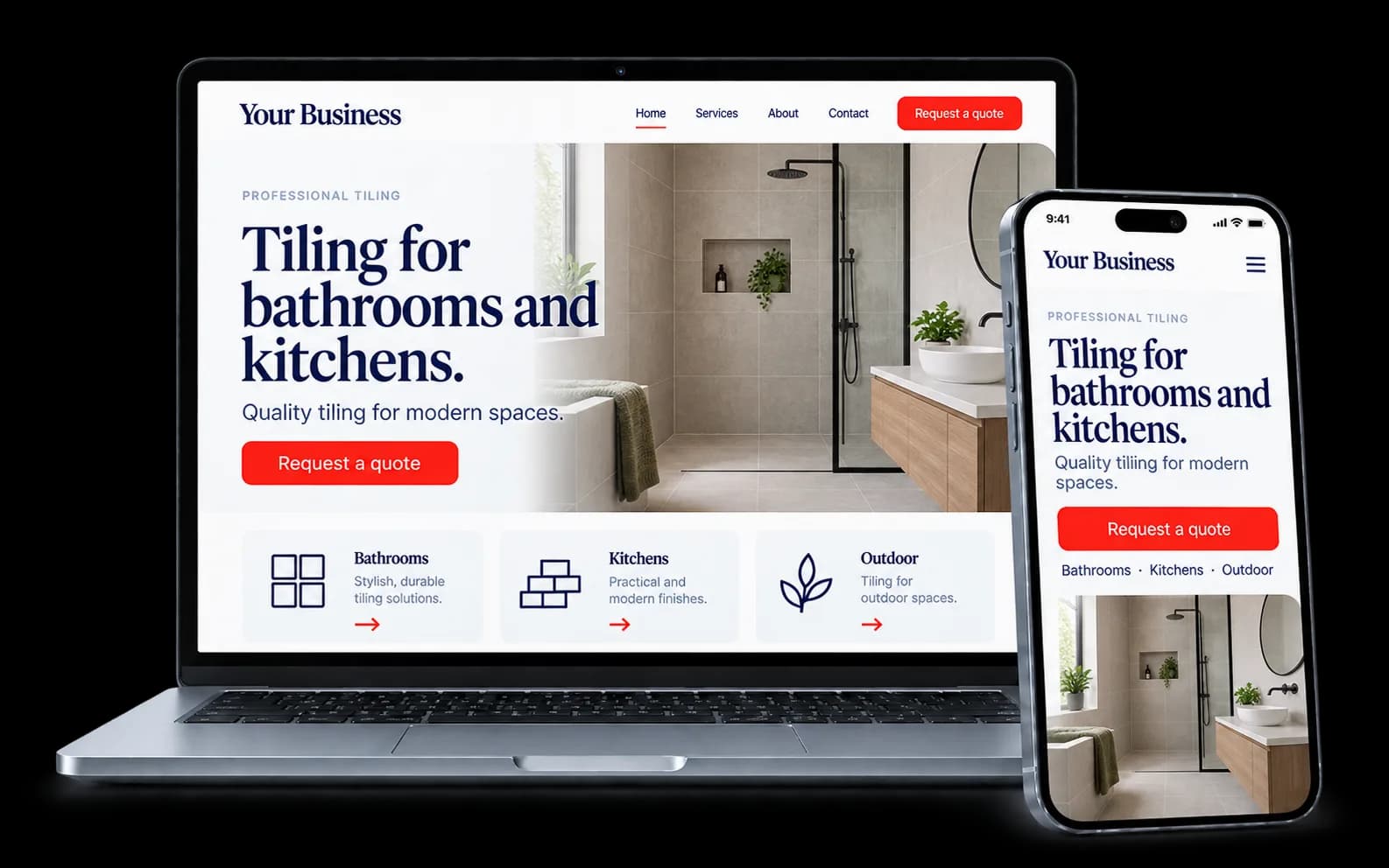 Tiling business website shown on a laptop and phone, with a red Request a quote button and bathroom, kitchen and outdoor tiling