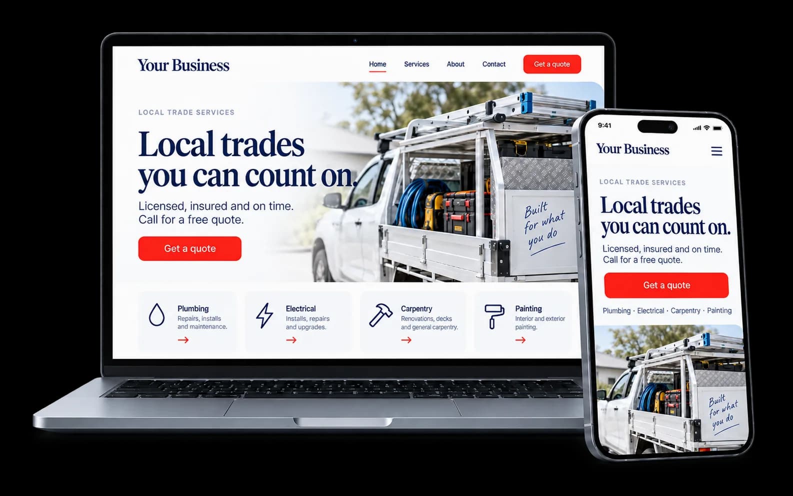 Trade business website shown on a laptop and phone, with a Get a quote button and plumbing, electrical, carpentry and painting services