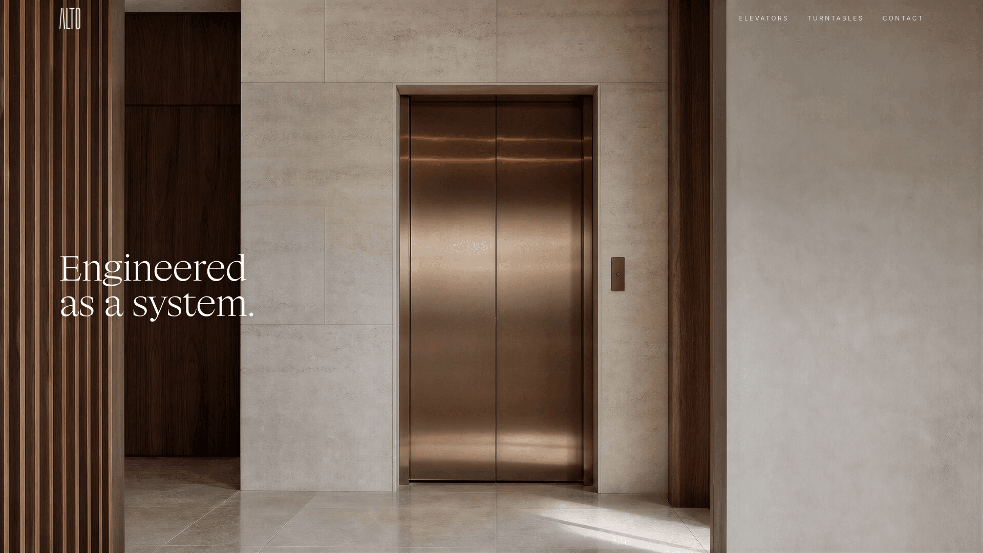 Desktop view of the live Alto Elevators website, showing the Engineered as a system headline and lift imagery