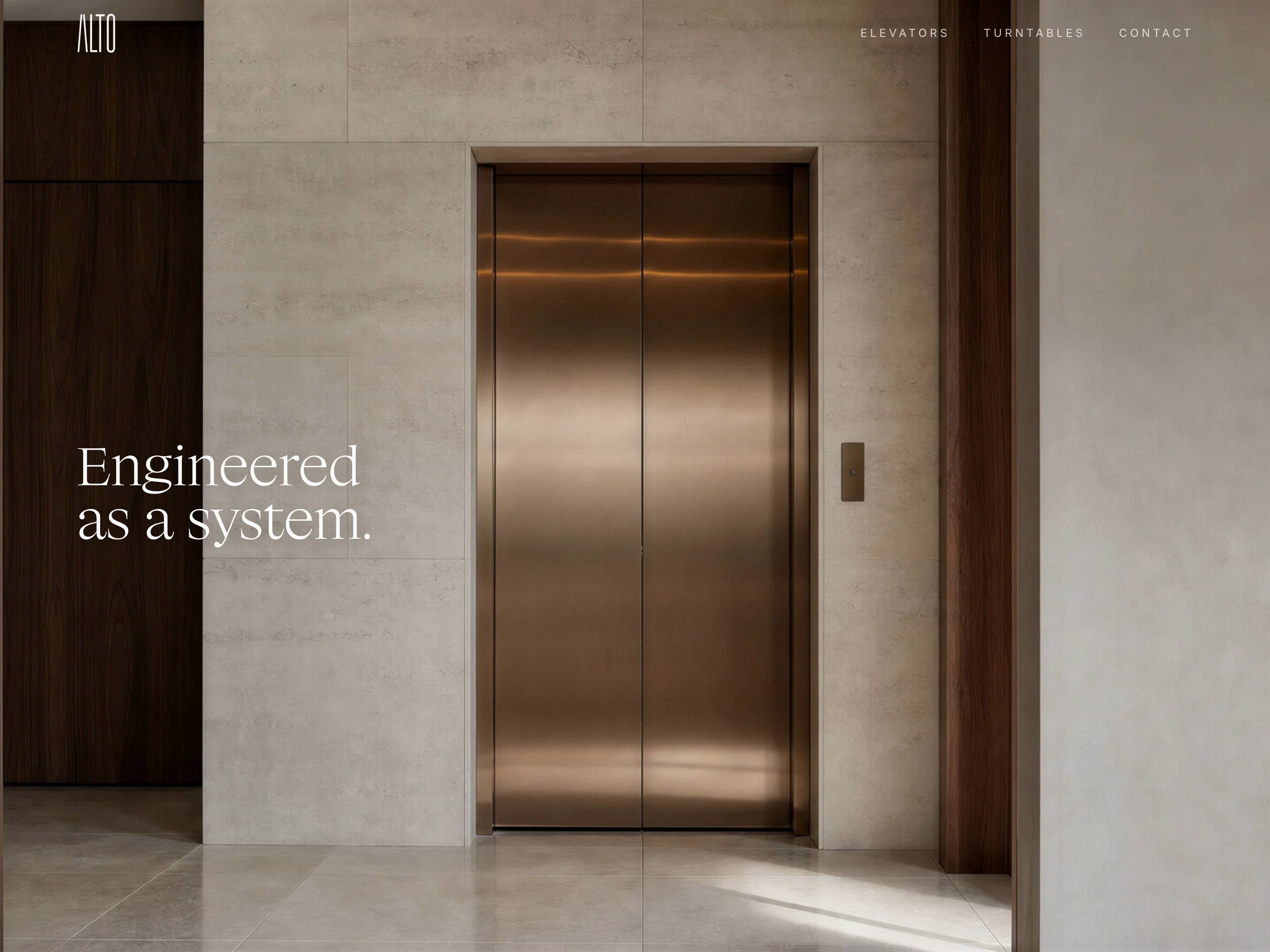 Landscape tablet view of the live Alto Elevators website, showing its product hero and navigation