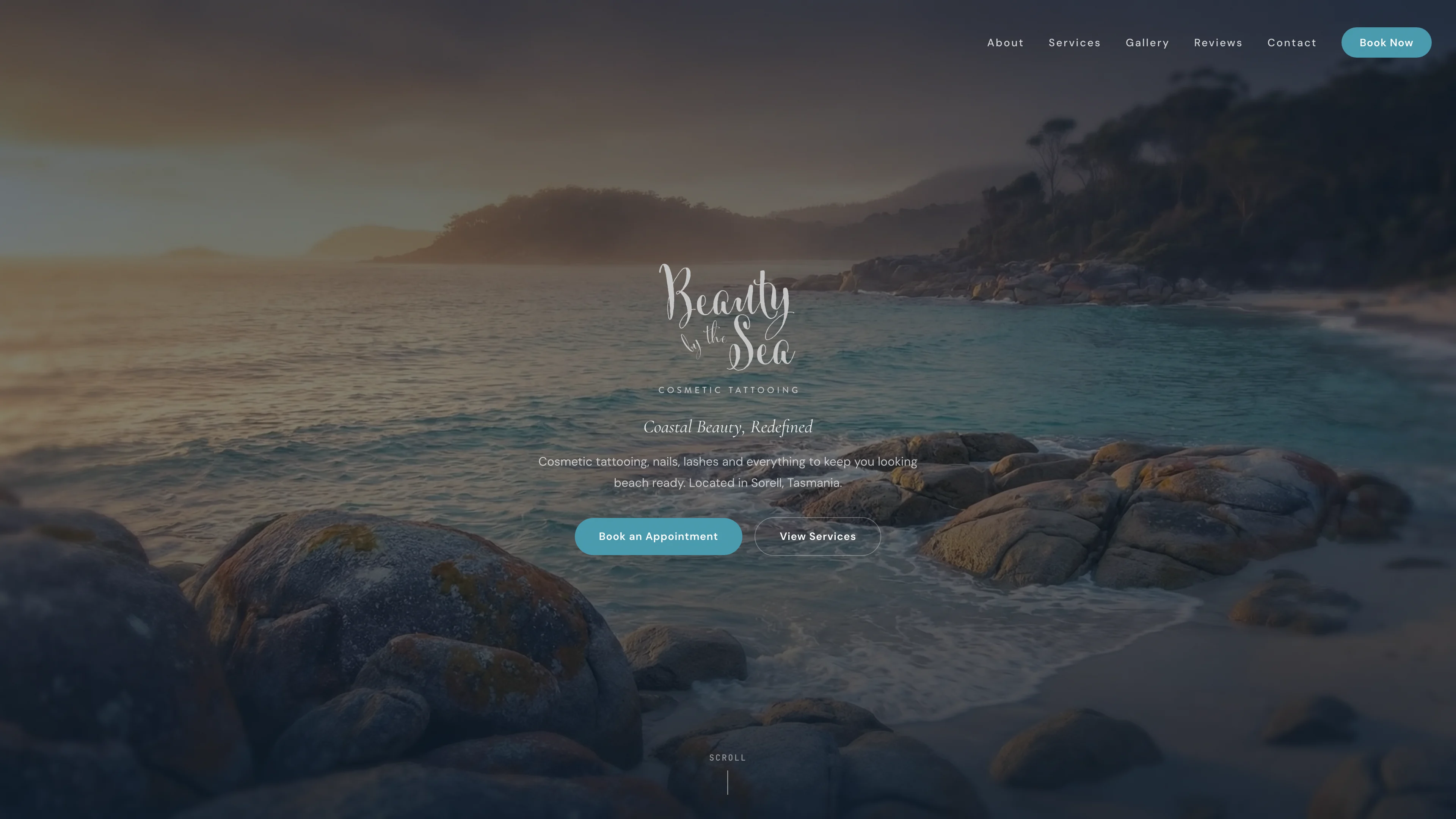 Beauty by the Sea homepage with a coastal photograph, studio logo and appointment and service links (desktop view)