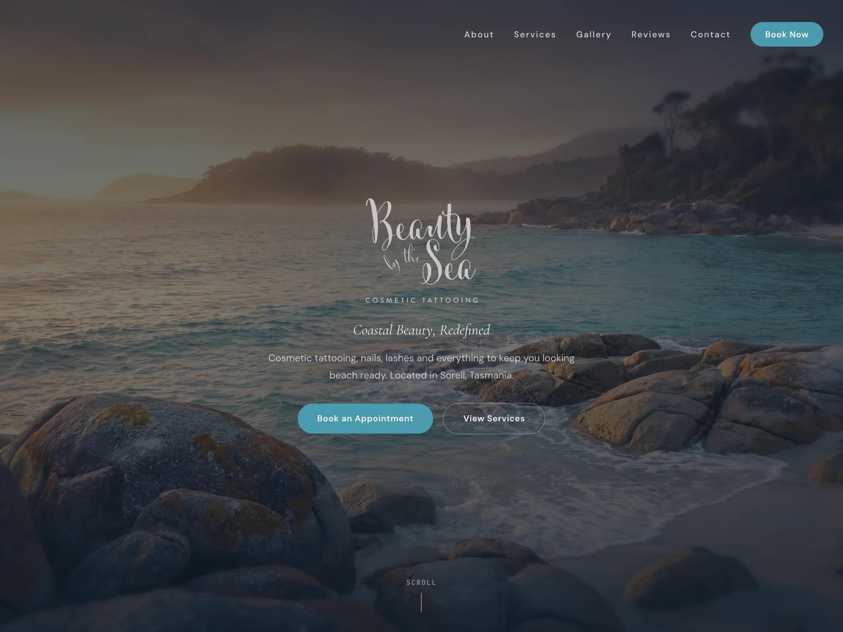 Beauty by the Sea homepage with a coastal photograph, studio logo and appointment and service links (tablet view)
