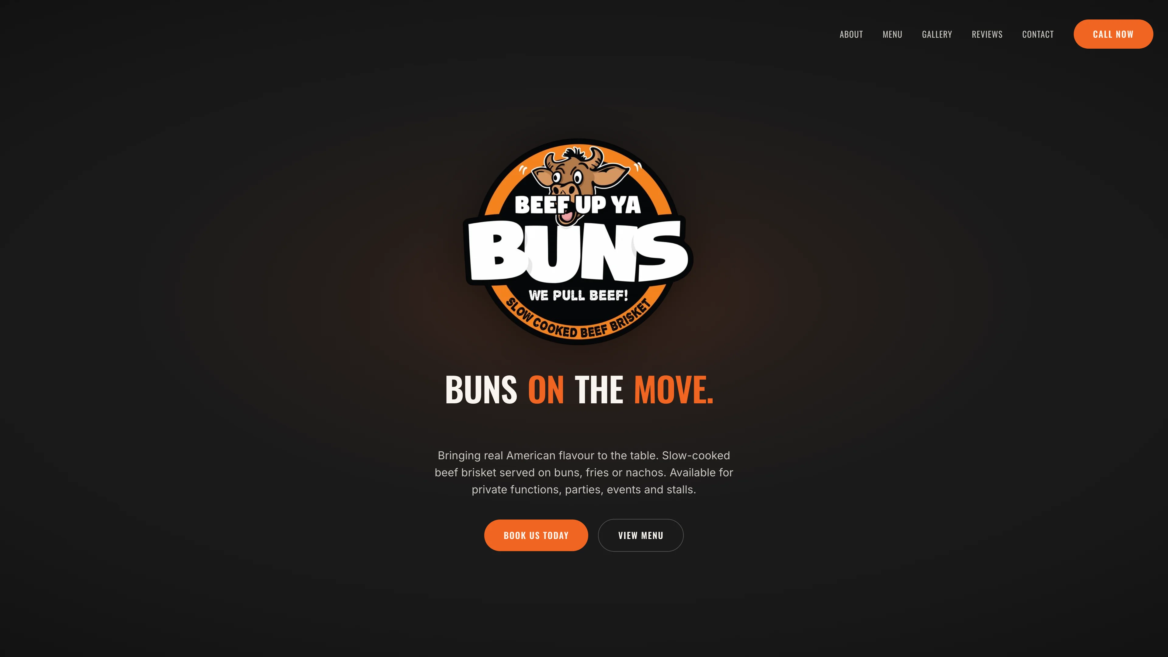 Beef Up Ya Buns homepage with its illustrated bull logo and food truck menu links