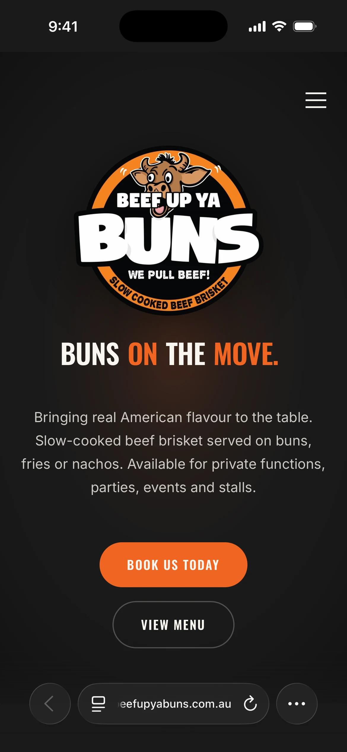 Beef Up Ya Buns phone homepage with its bull logo, compact navigation and menu introduction