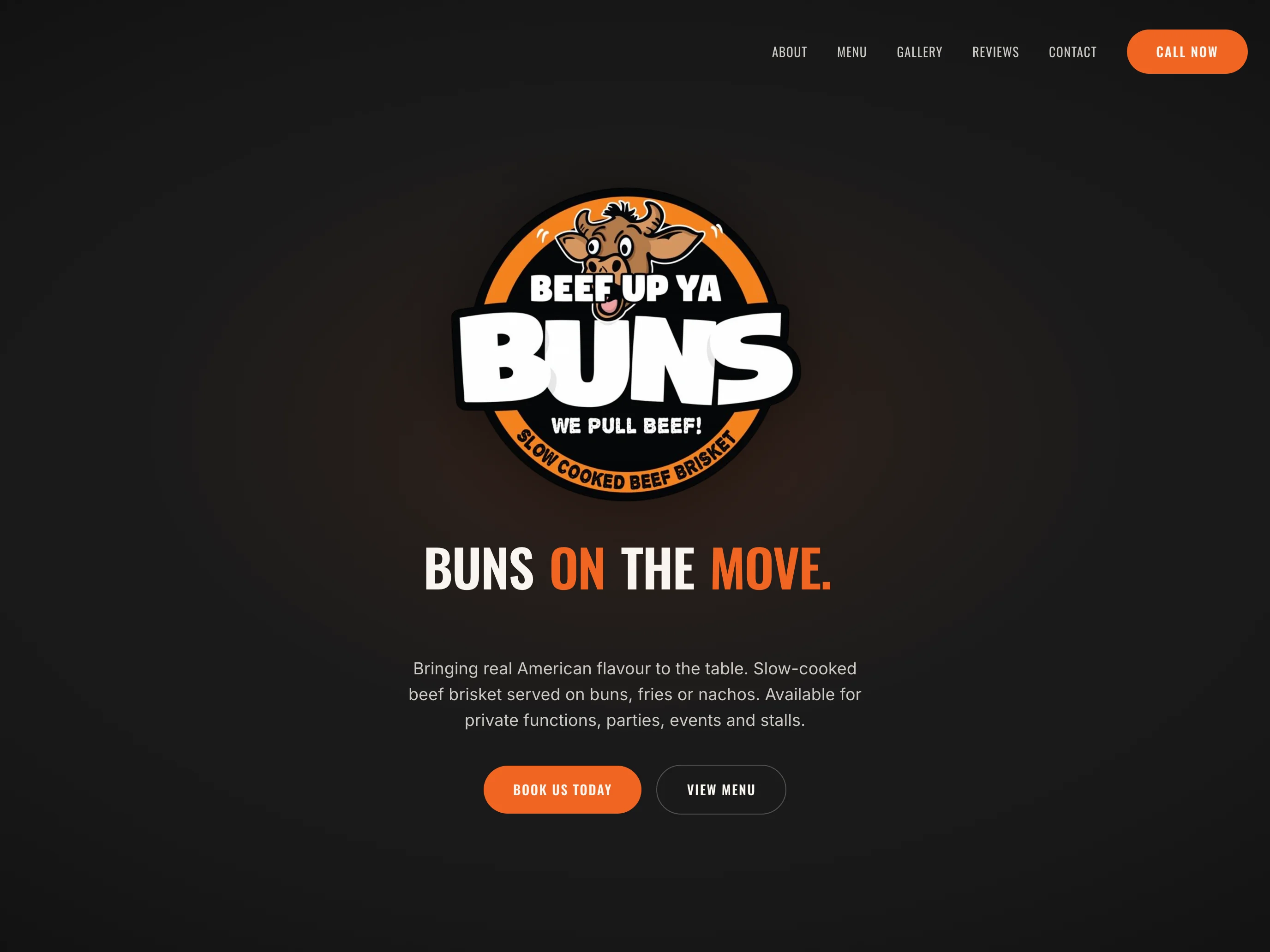 Beef Up Ya Buns landscape homepage with its bull logo, dark background and menu links