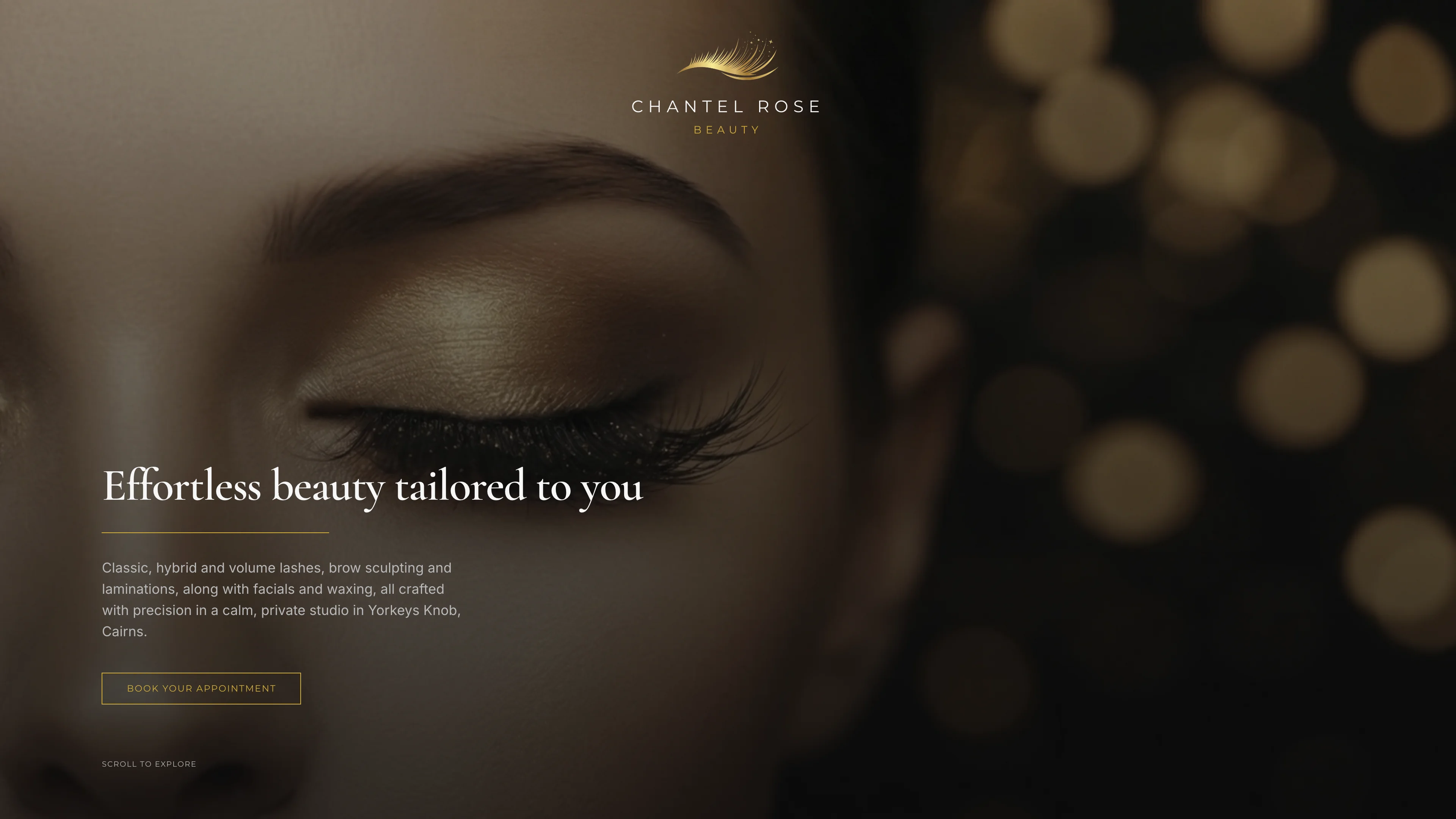 Chantel Rose Beauty homepage with lash photography, the studio name and an appointment link (desktop view)