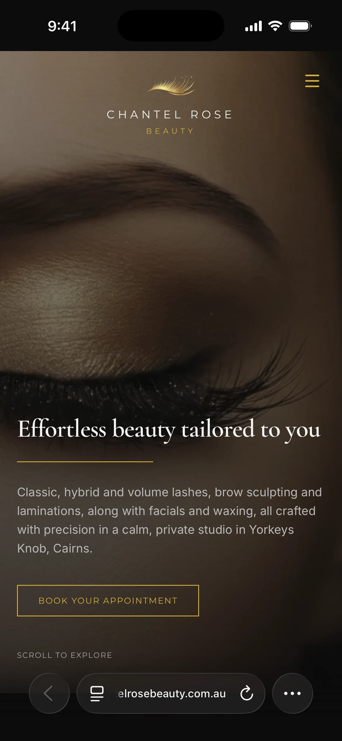 Chantel Rose Beauty homepage with lash photography, the studio name and an appointment link (mobile view)