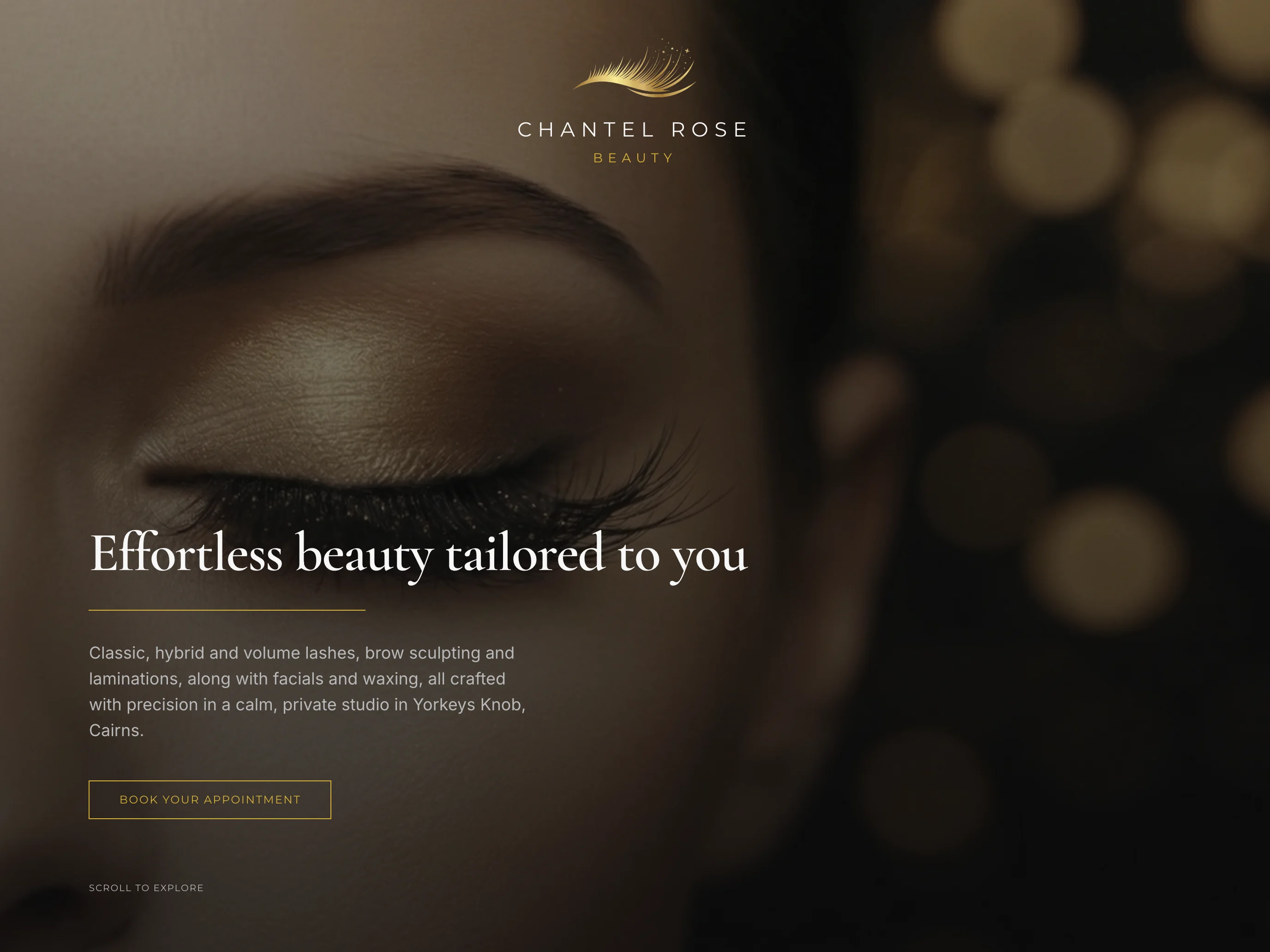 Chantel Rose Beauty homepage with lash photography, the studio name and an appointment link (tablet view)