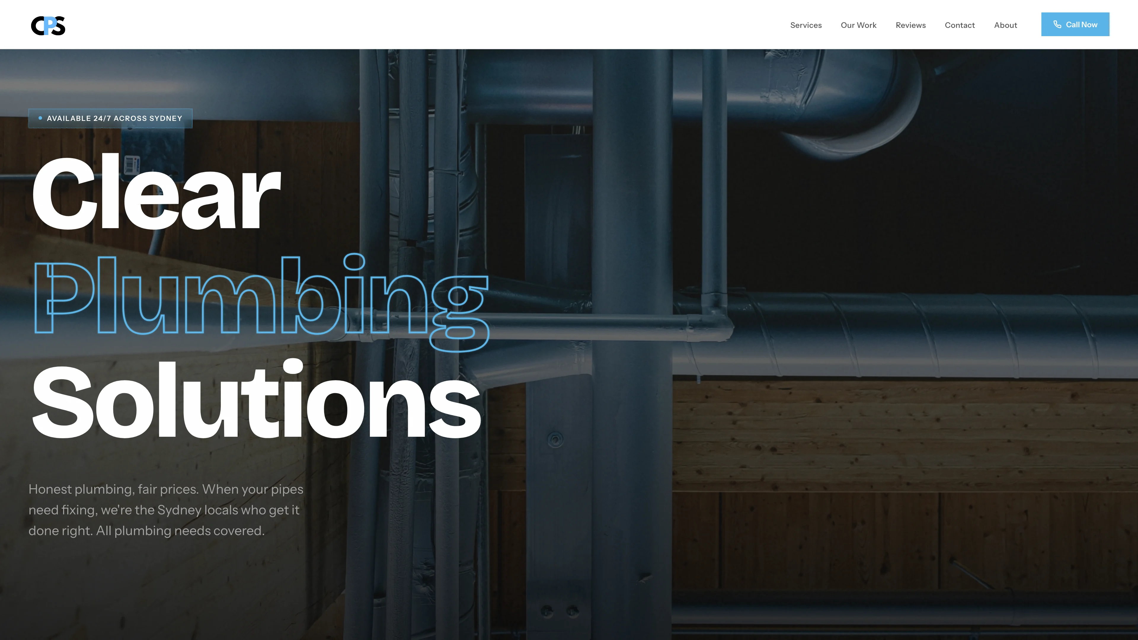 Clear Plumbing Solutions homepage with blue outlined lettering, pipework photography and service navigation