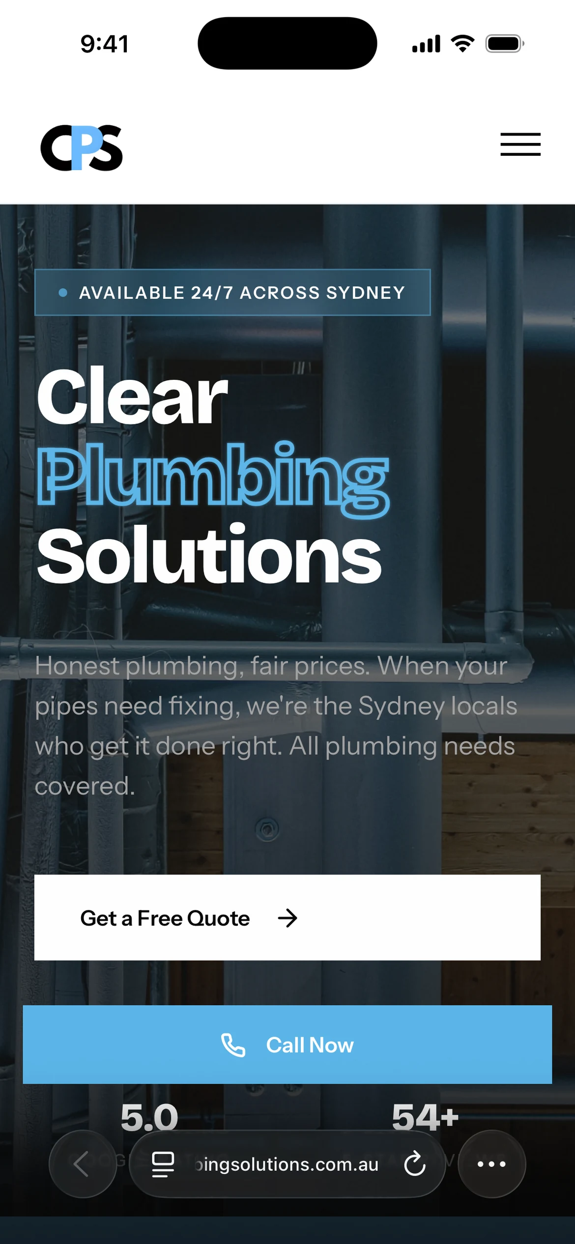 Clear Plumbing Solutions phone homepage with compact navigation and the stacked business name over pipework