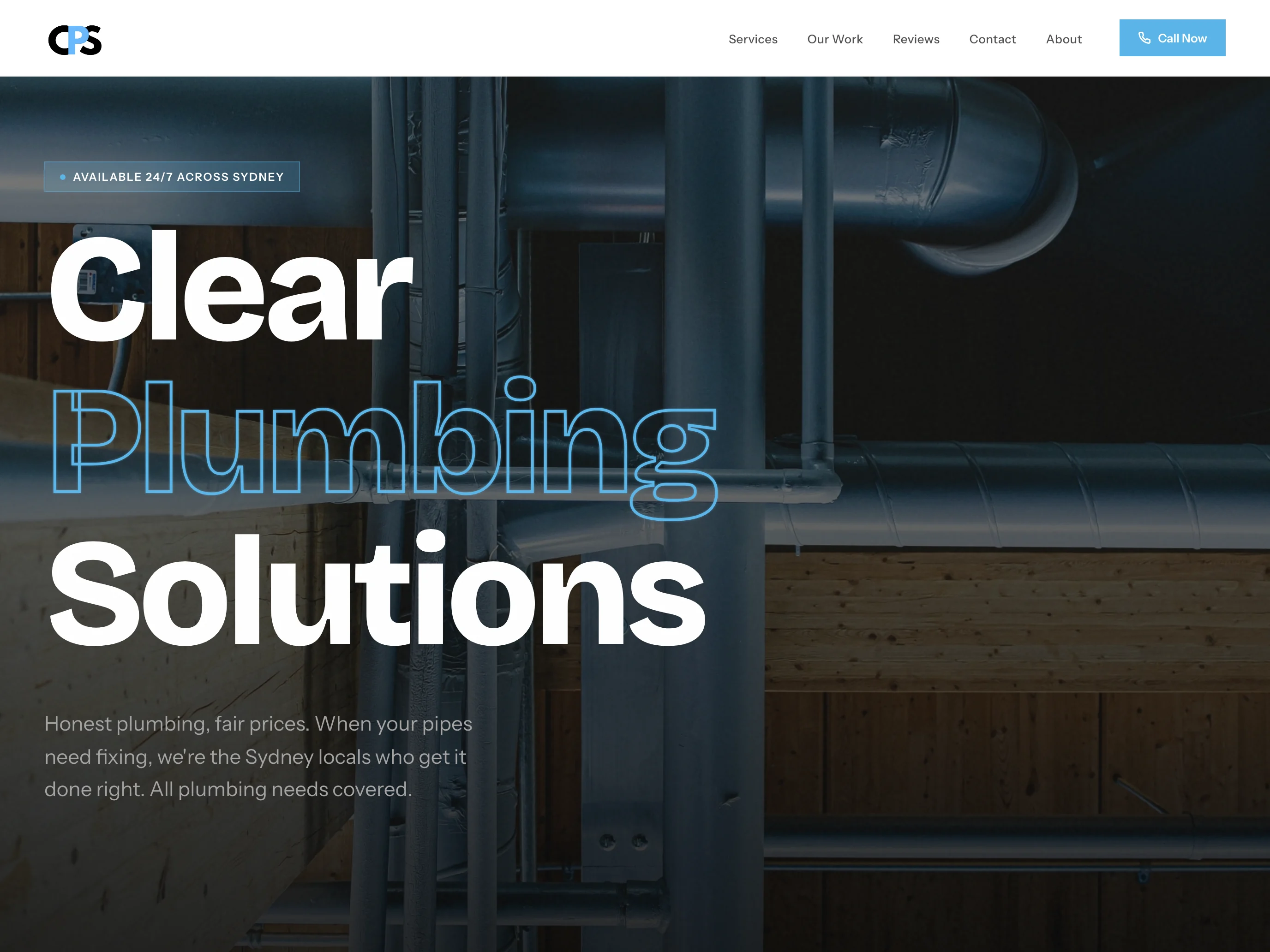 Clear Plumbing Solutions landscape homepage with service navigation and plumbing photography