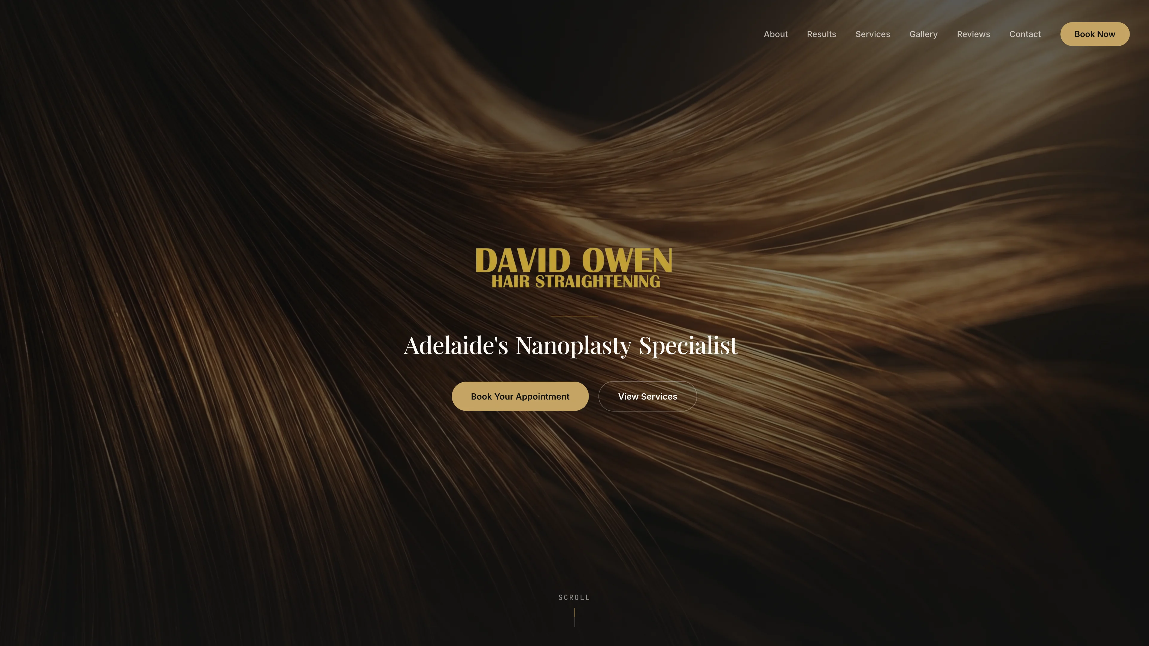 David Owen hair straightening homepage with large specialist treatment lettering and hair photography