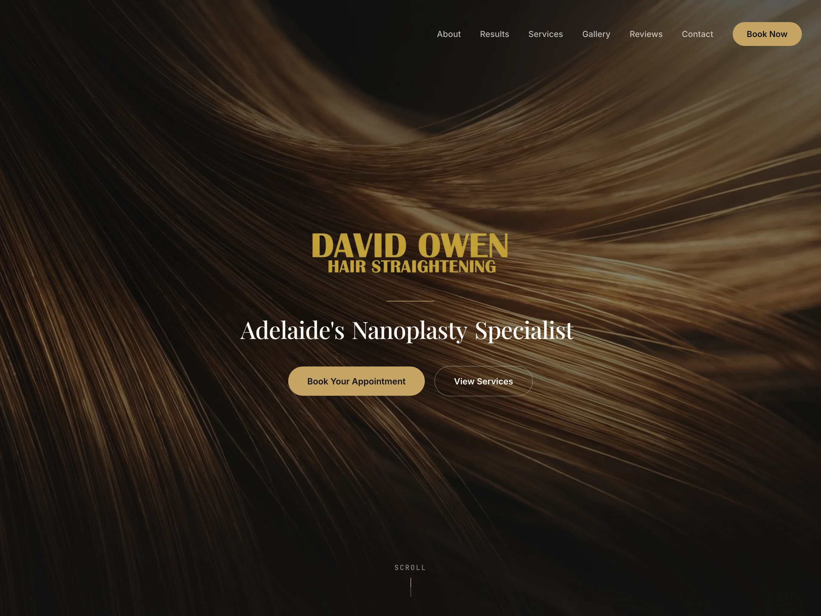 David Owen landscape homepage with specialist hair straightening lettering and a phone booking link