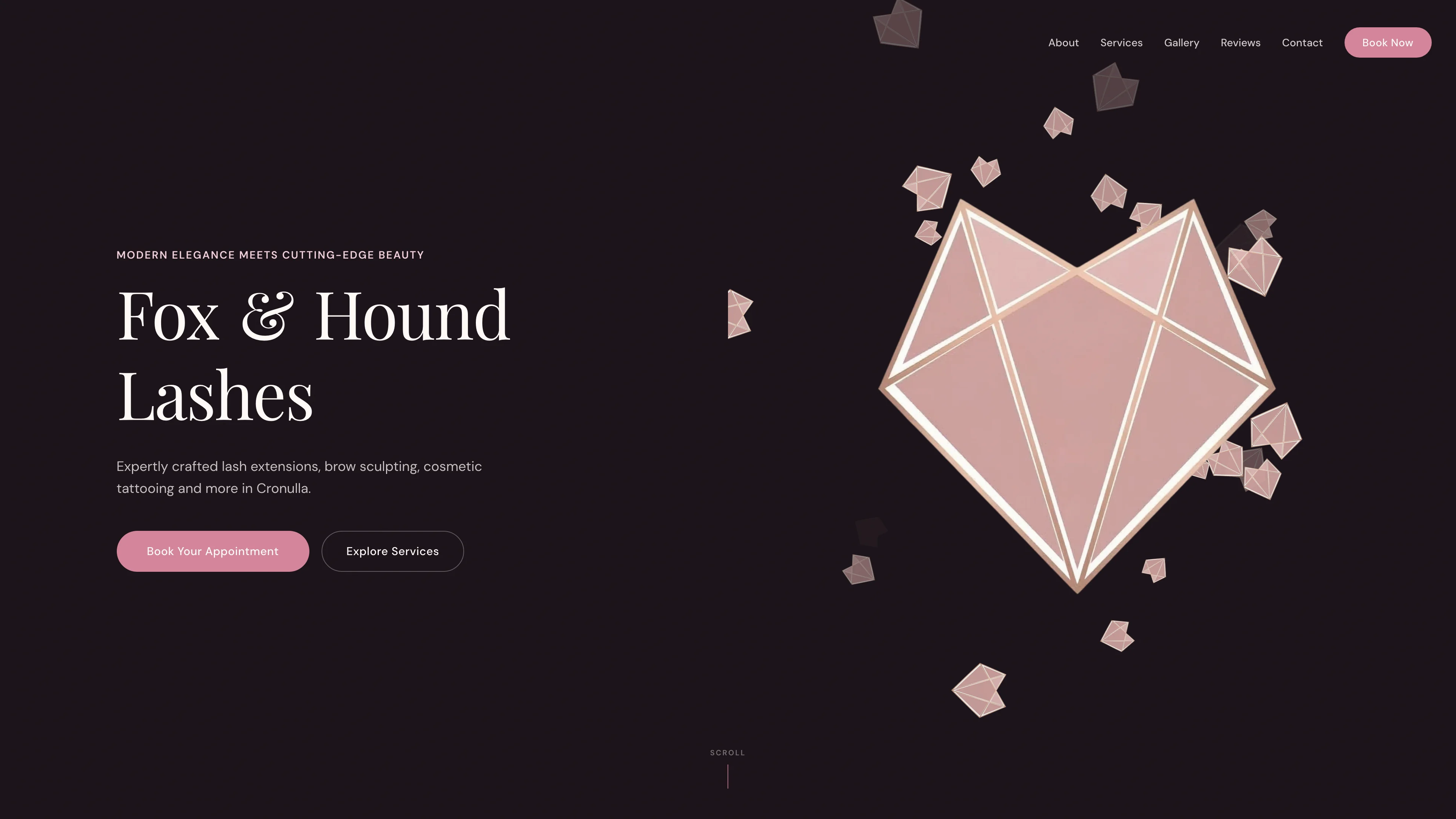 Fox and Hound Lashes homepage with a geometric fox illustration, salon name and booking and treatment links (desktop view)