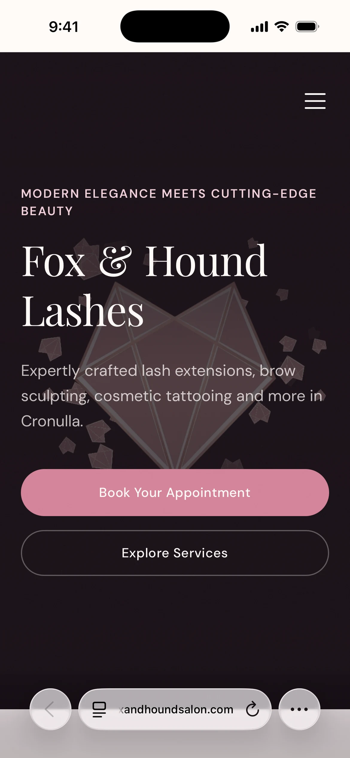 Fox and Hound Lashes homepage with a geometric fox illustration, salon name and booking and treatment links (mobile view)