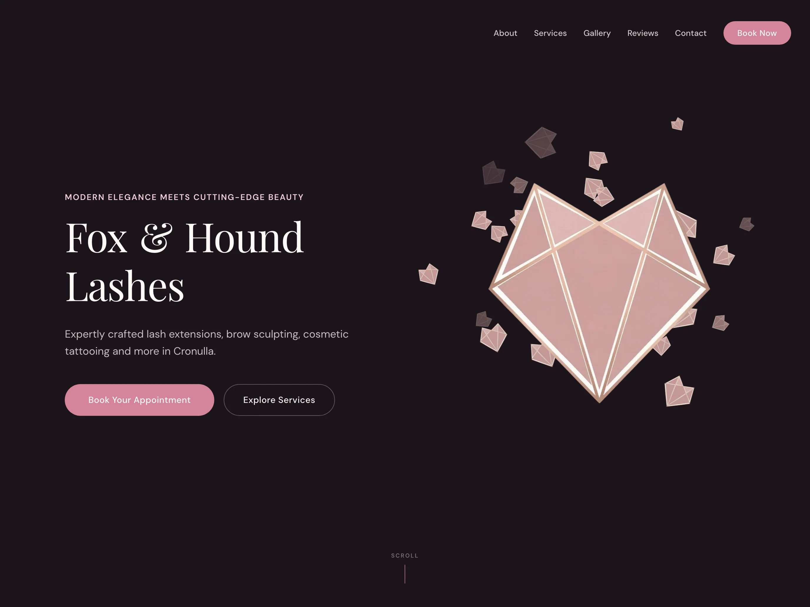 Fox and Hound Lashes homepage with a geometric fox illustration, salon name and booking and treatment links (tablet view)