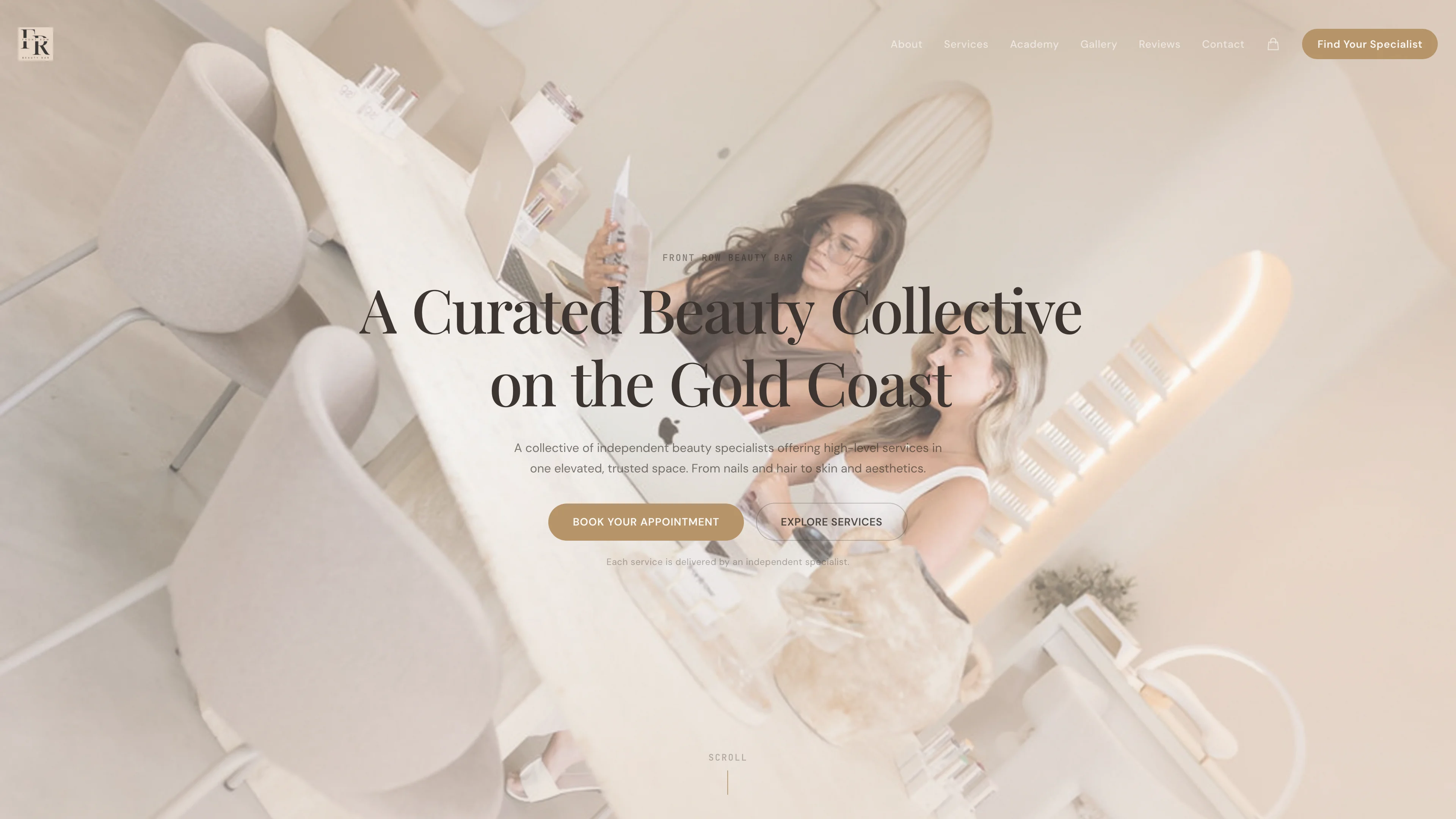 Front Row Beauty Bar homepage with salon photography, the beauty collective name and service navigation (desktop view)