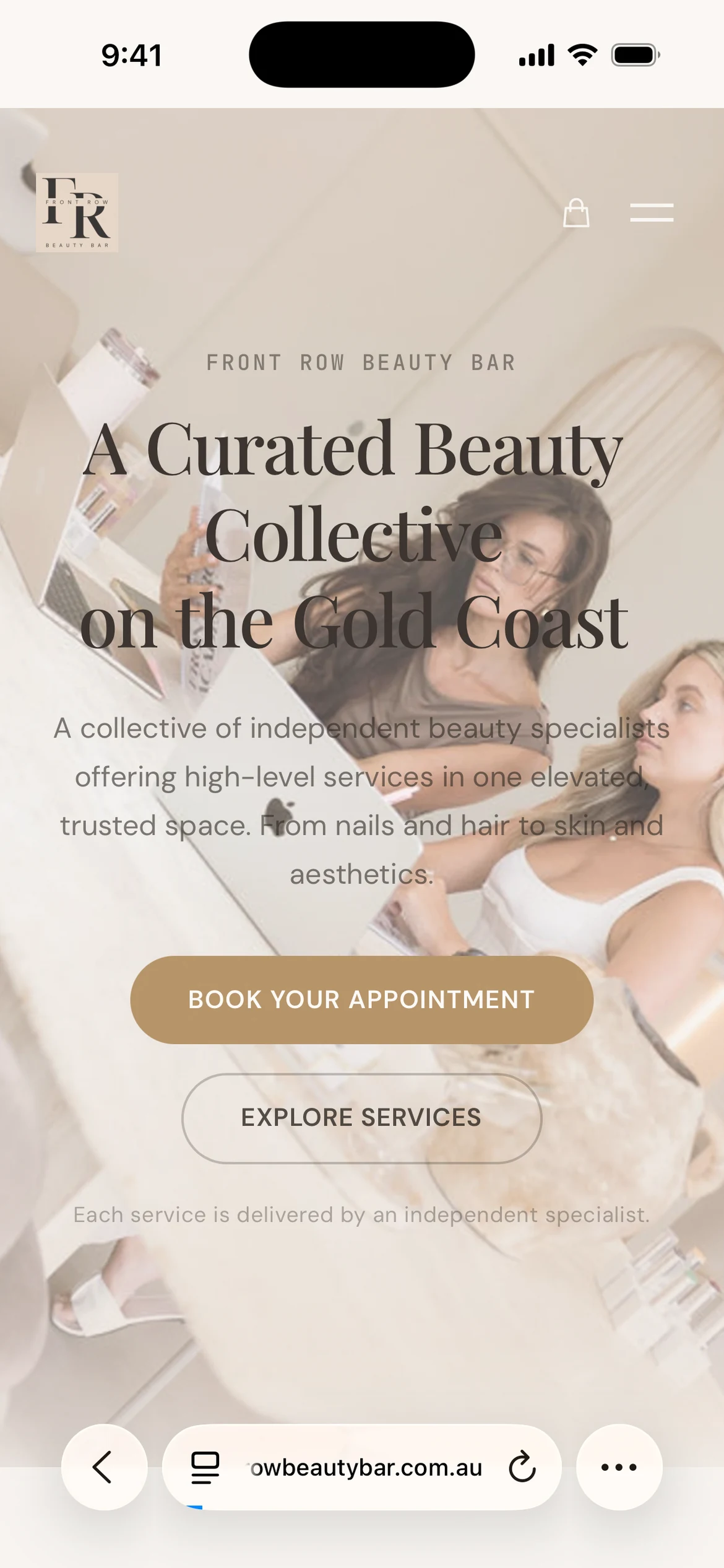 Front Row Beauty Bar homepage with salon photography, the beauty collective name and service navigation (mobile view)