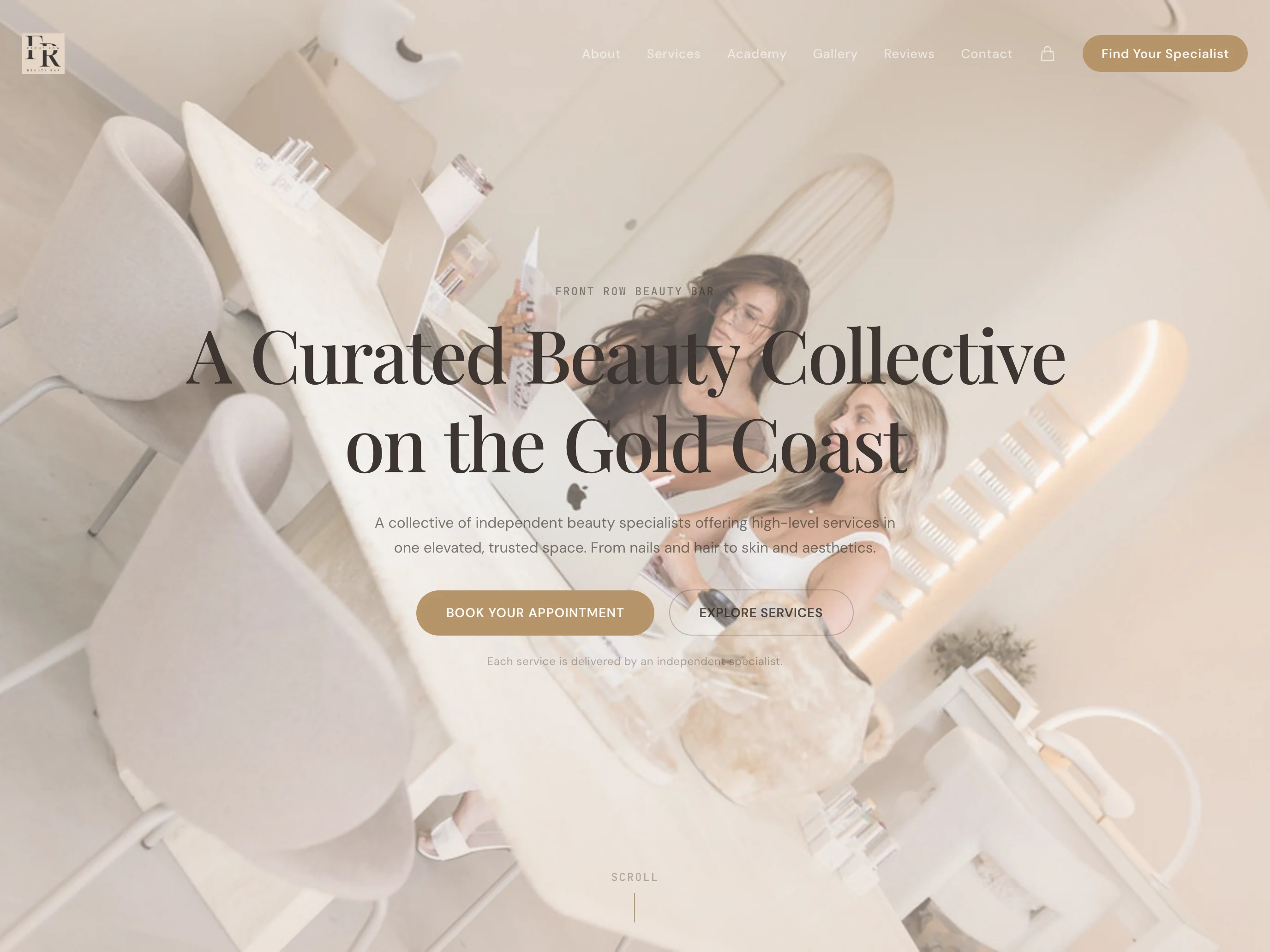 Front Row Beauty Bar homepage with salon photography, the beauty collective name and service navigation (tablet view)