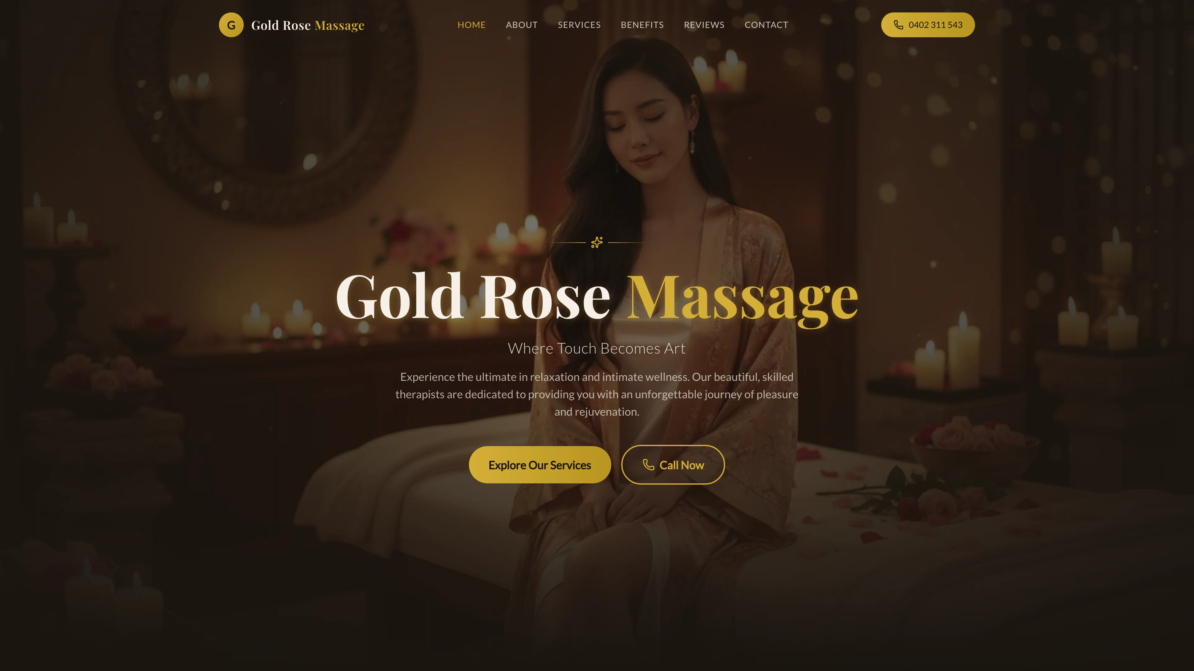 Gold Rose Massage homepage with gold lettering, a portrait background and a call link, shown in a desktop browser view