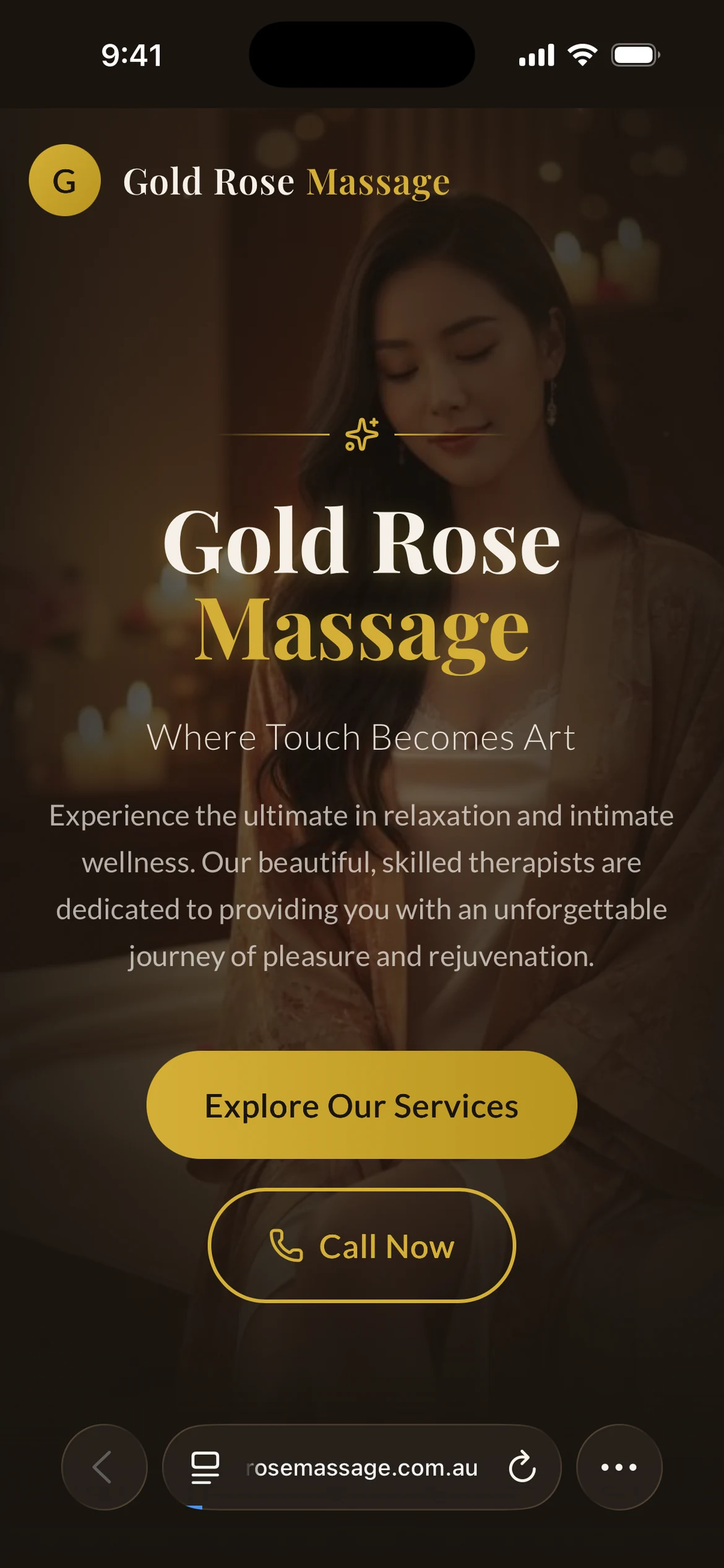 Gold Rose Massage homepage with gold lettering, a portrait background and a call link, shown in a mobile browser view