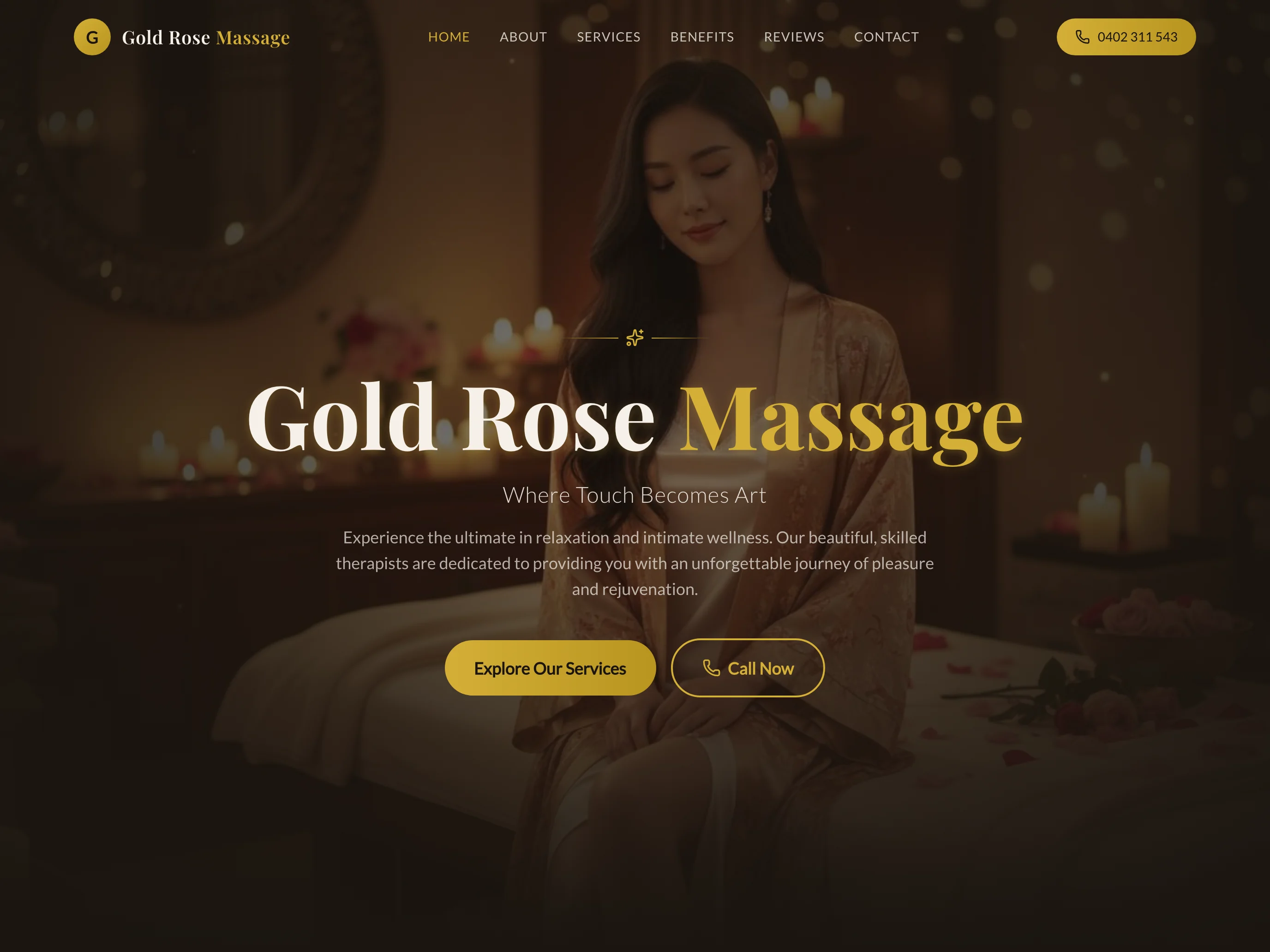 Gold Rose Massage homepage with gold lettering, a portrait background and a call link, shown in a tablet browser view