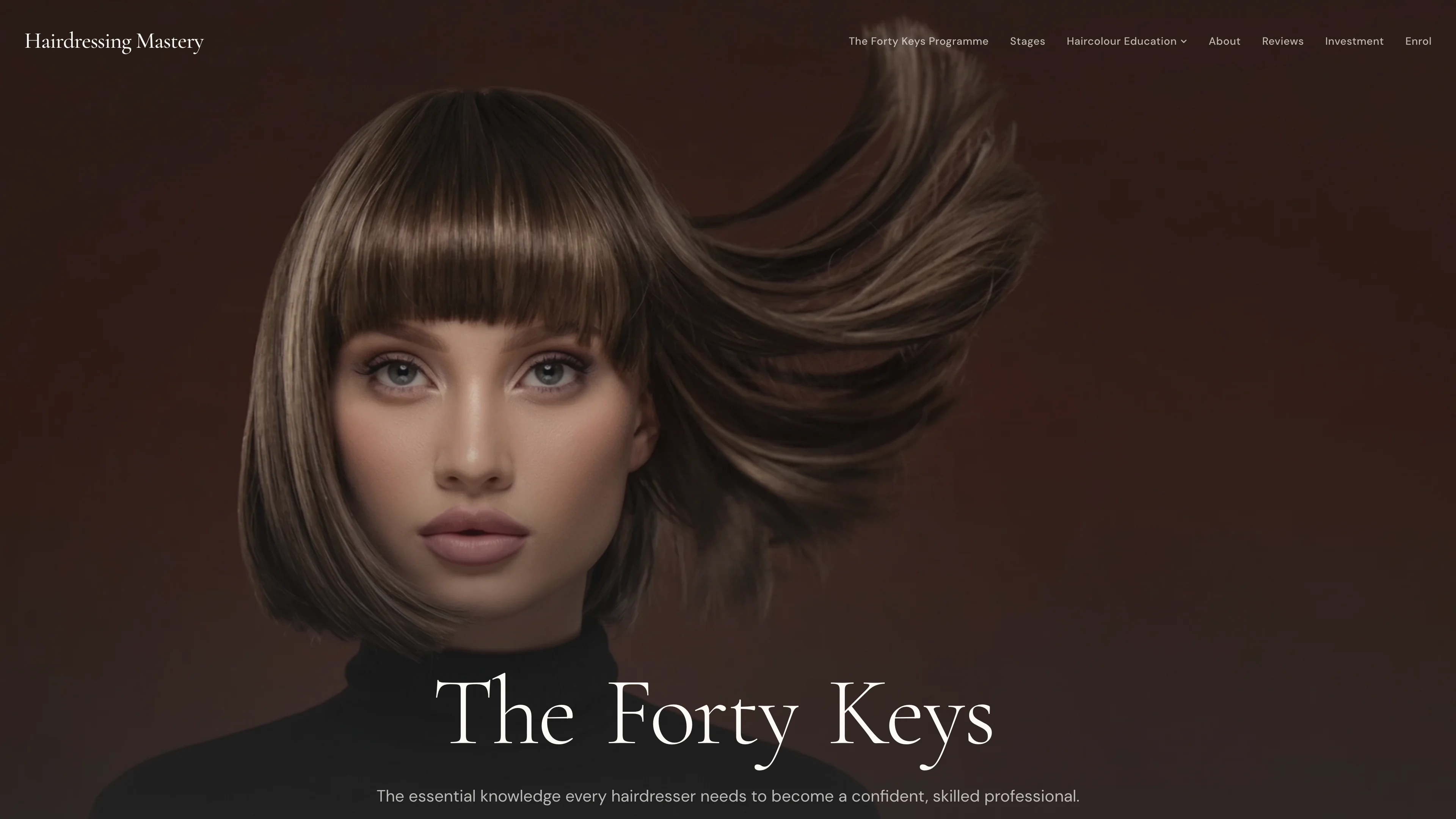 Hairdressing Mastery homepage introducing The Forty Keys education program, shown in a desktop browser view