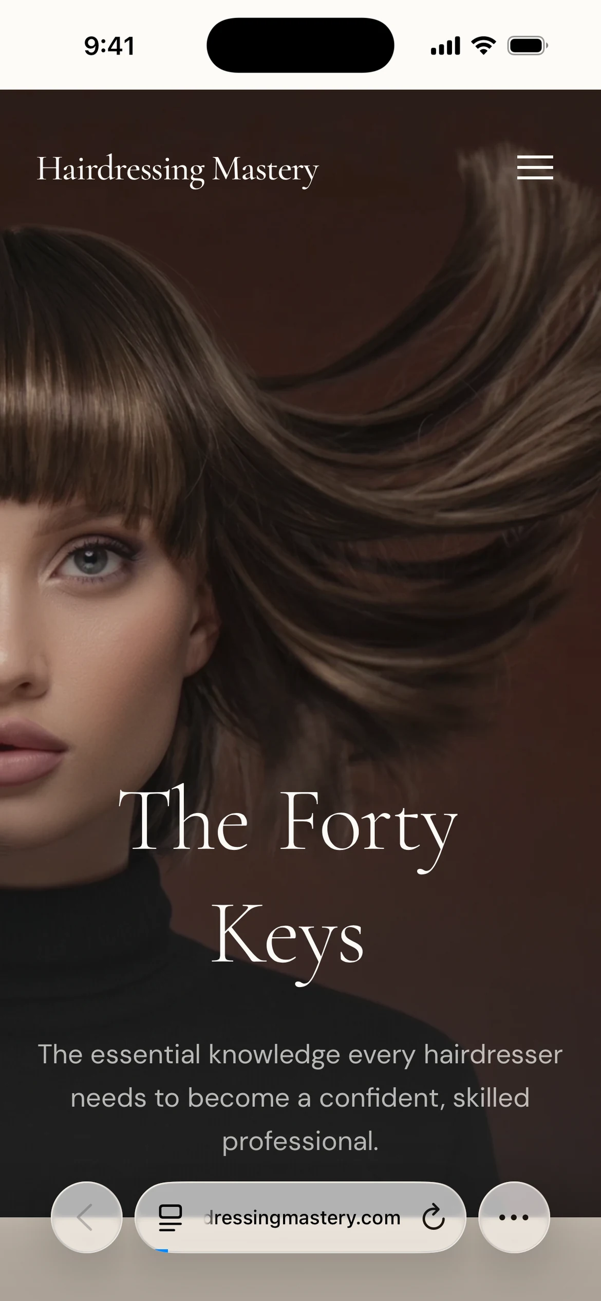 Hairdressing Mastery homepage introducing The Forty Keys education program, shown in a mobile browser view