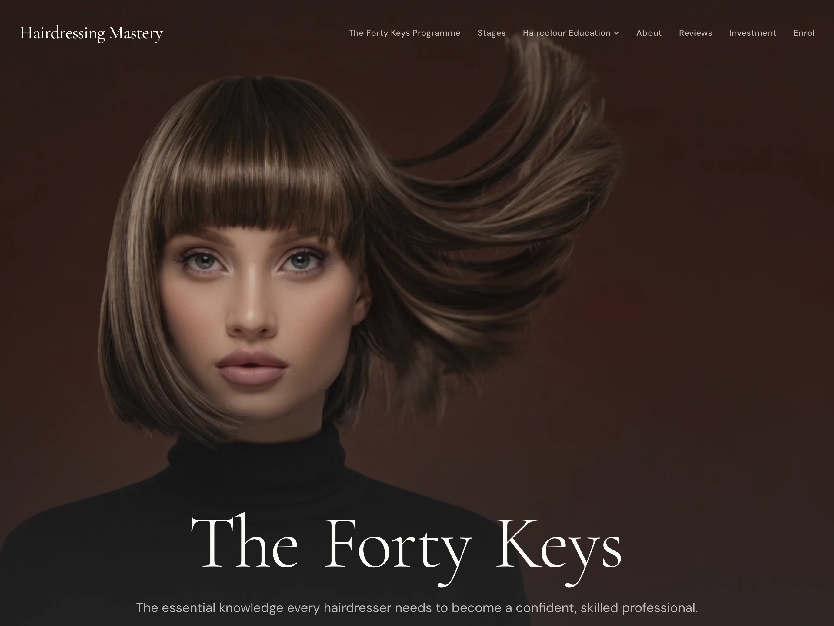 Hairdressing Mastery homepage introducing The Forty Keys education program, shown in a tablet browser view