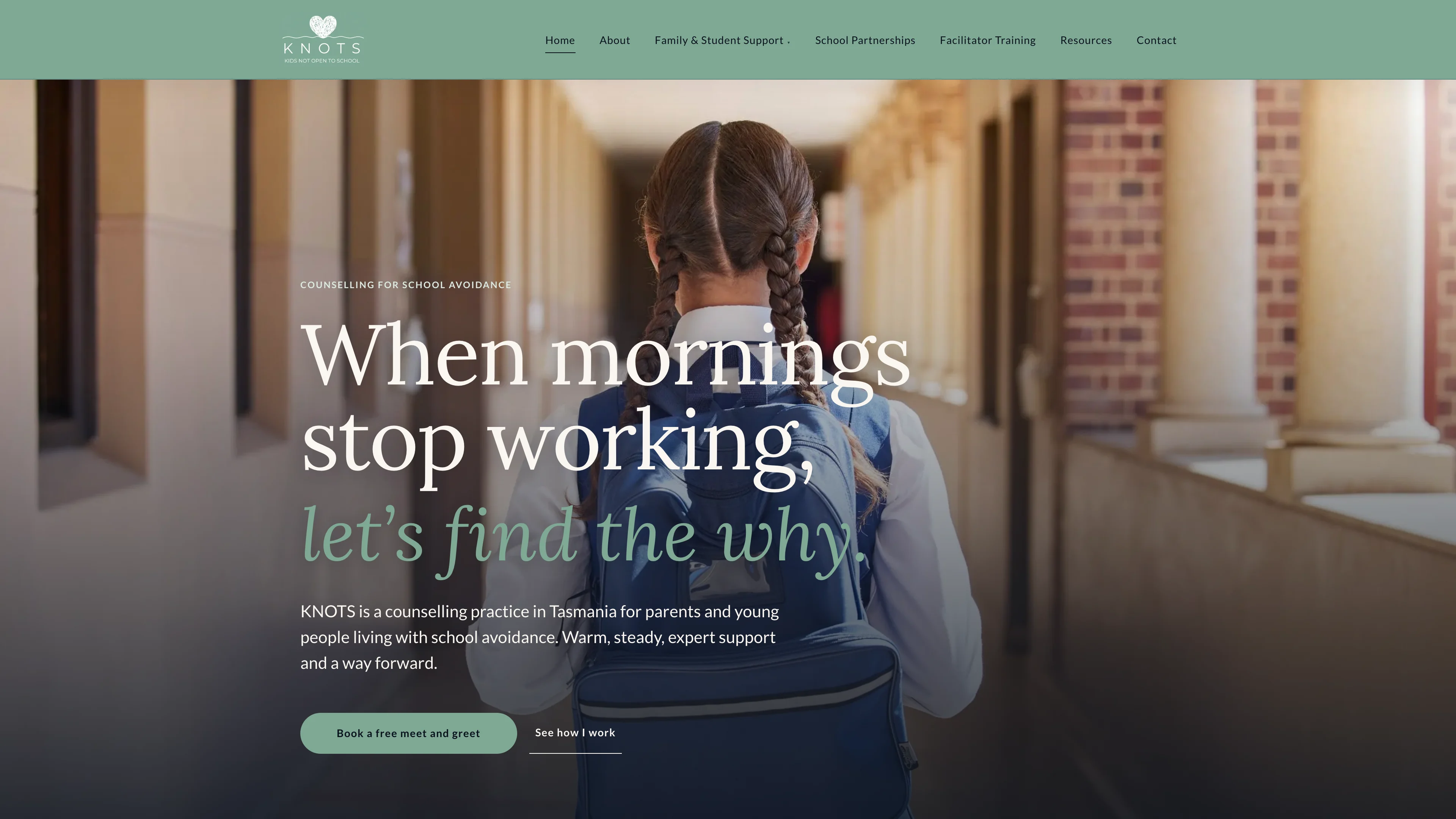 KNOTS counselling homepage with a student seen from behind in a school corridor and family support introduction