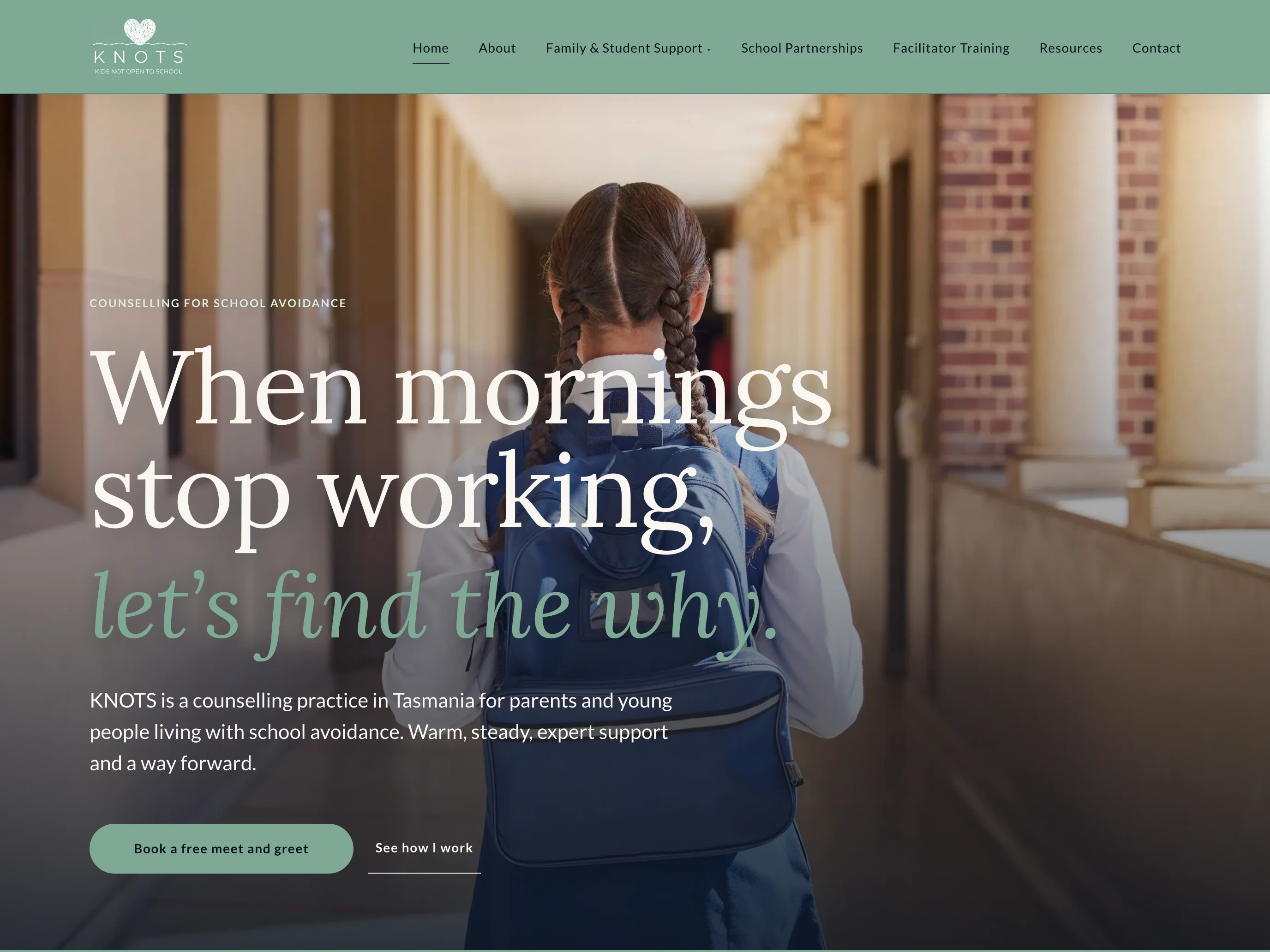 KNOTS landscape homepage with counselling introduction over a student photograph and support navigation
