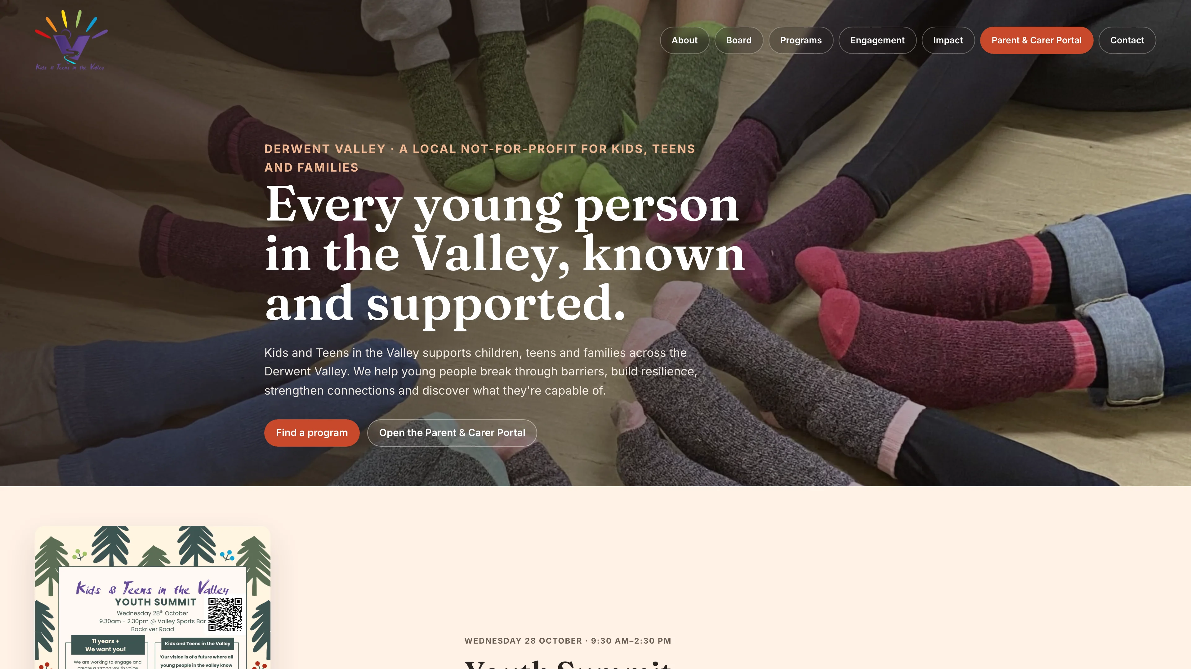 KTV homepage with a circle of colourful socks, a community introduction and program and parent portal links