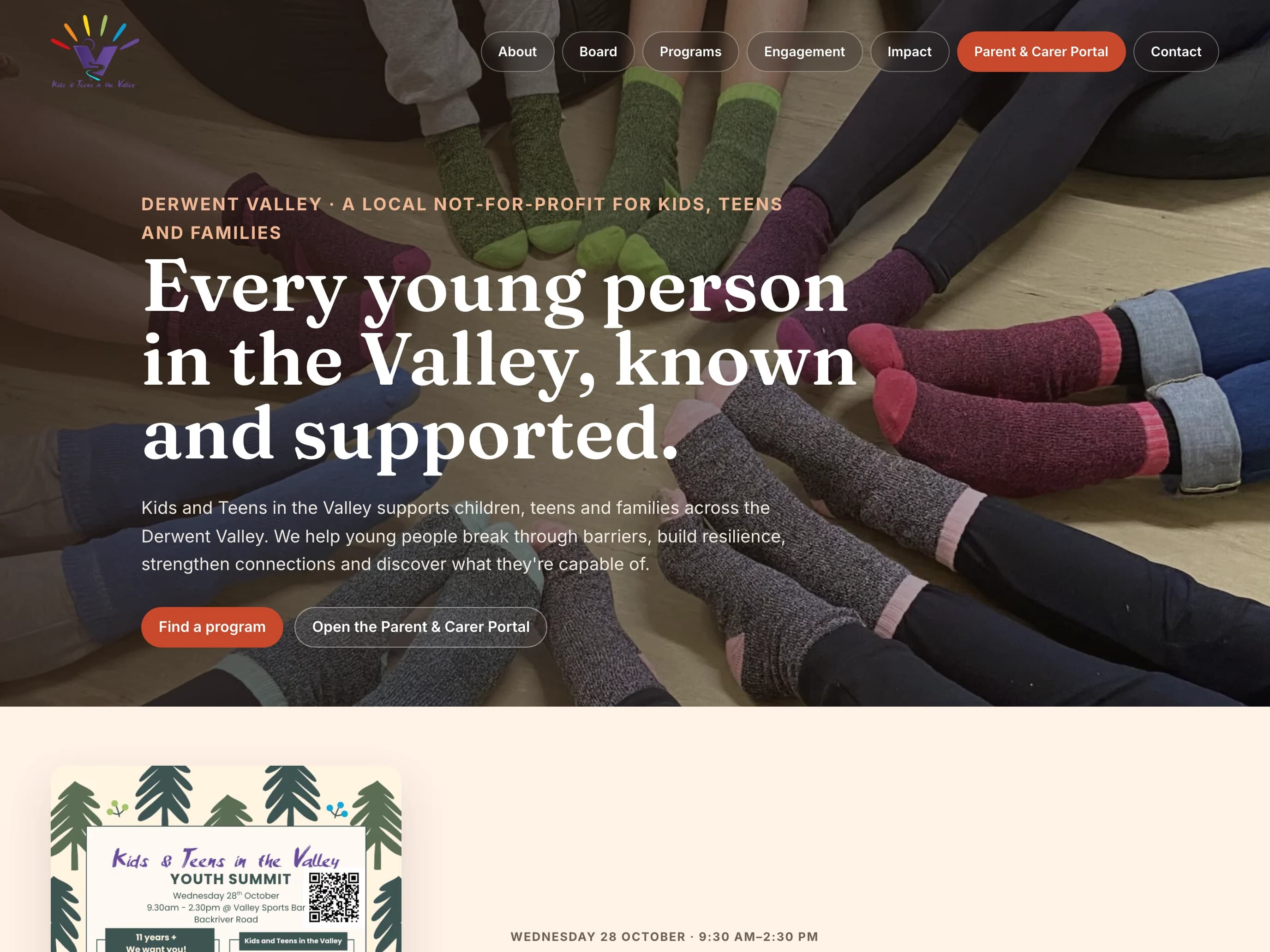 KTV landscape homepage showing its community introduction over a photograph of colourful socks