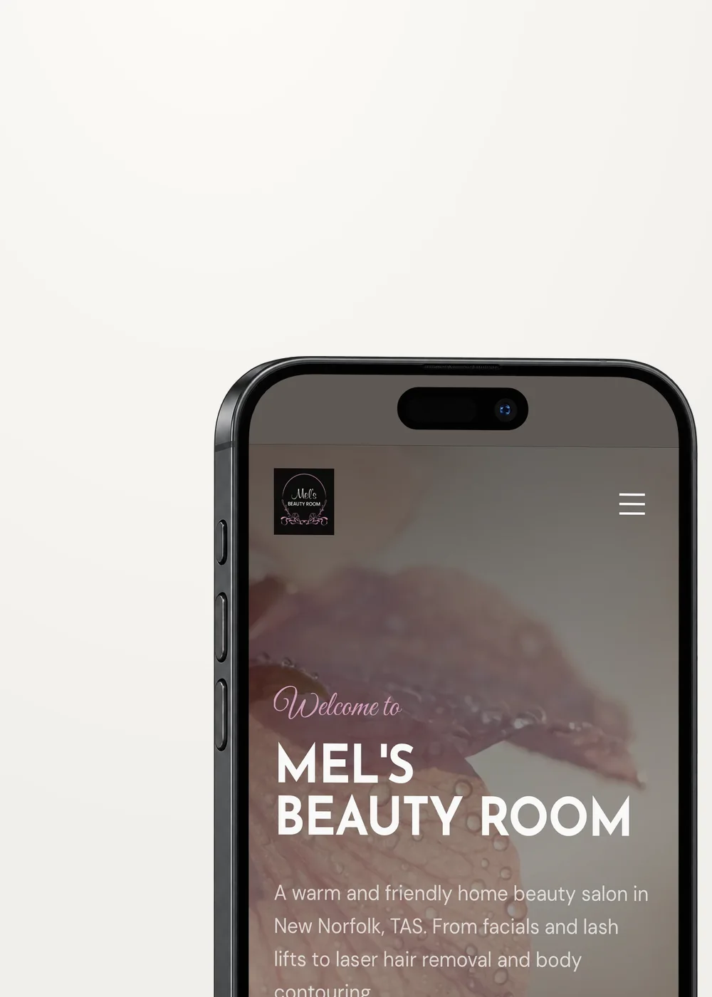 Mel's Beauty Room website on a phone