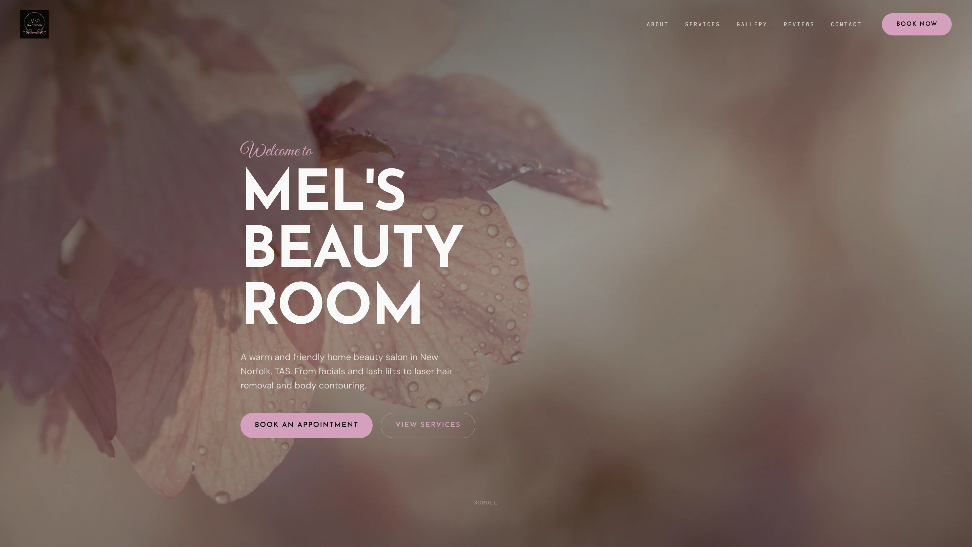Mel's Beauty Room homepage with its name over pink orchid photography and appointment and service links (desktop view)