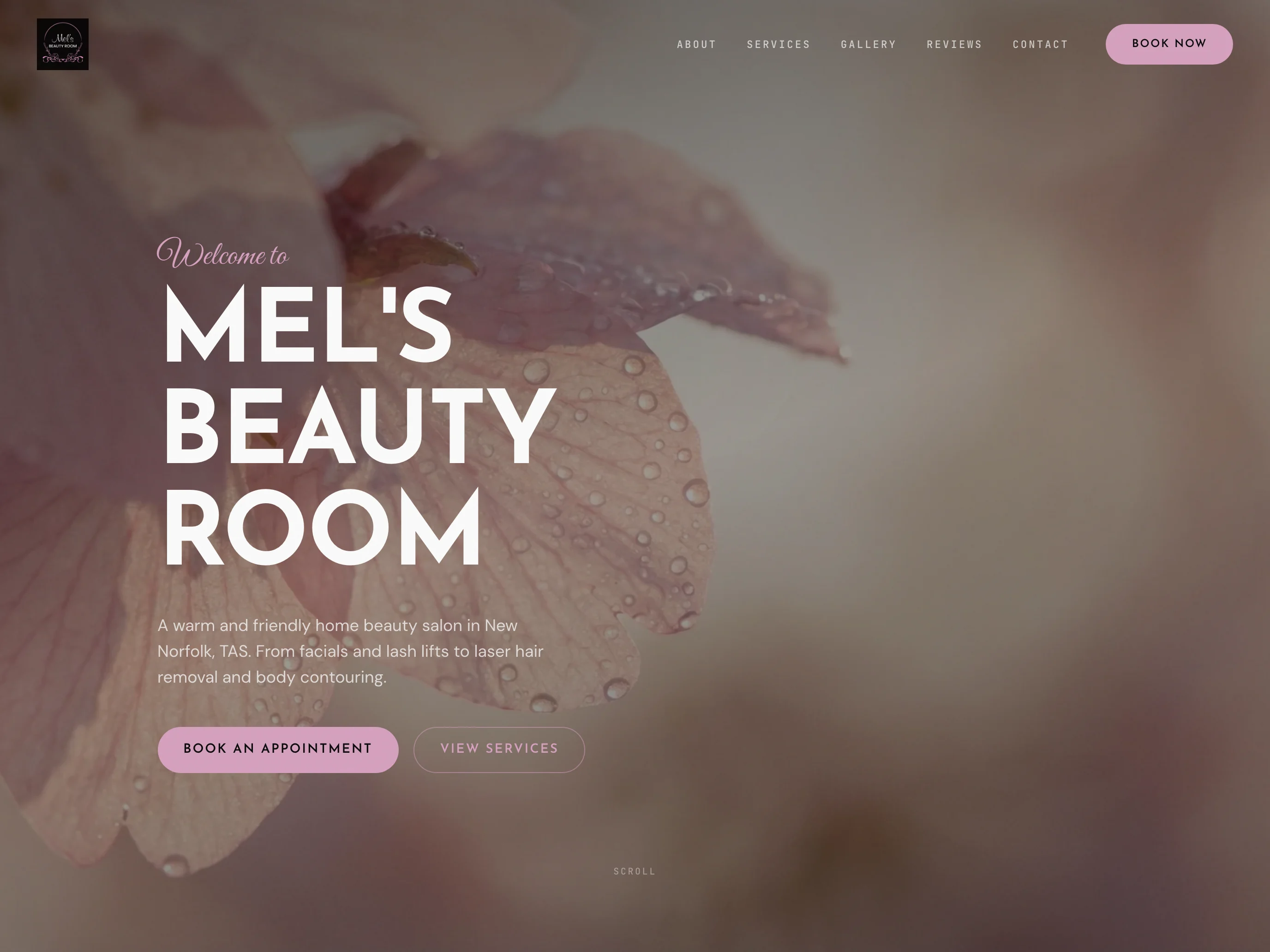 Mel's Beauty Room homepage with its name over pink orchid photography and appointment and service links (tablet view)