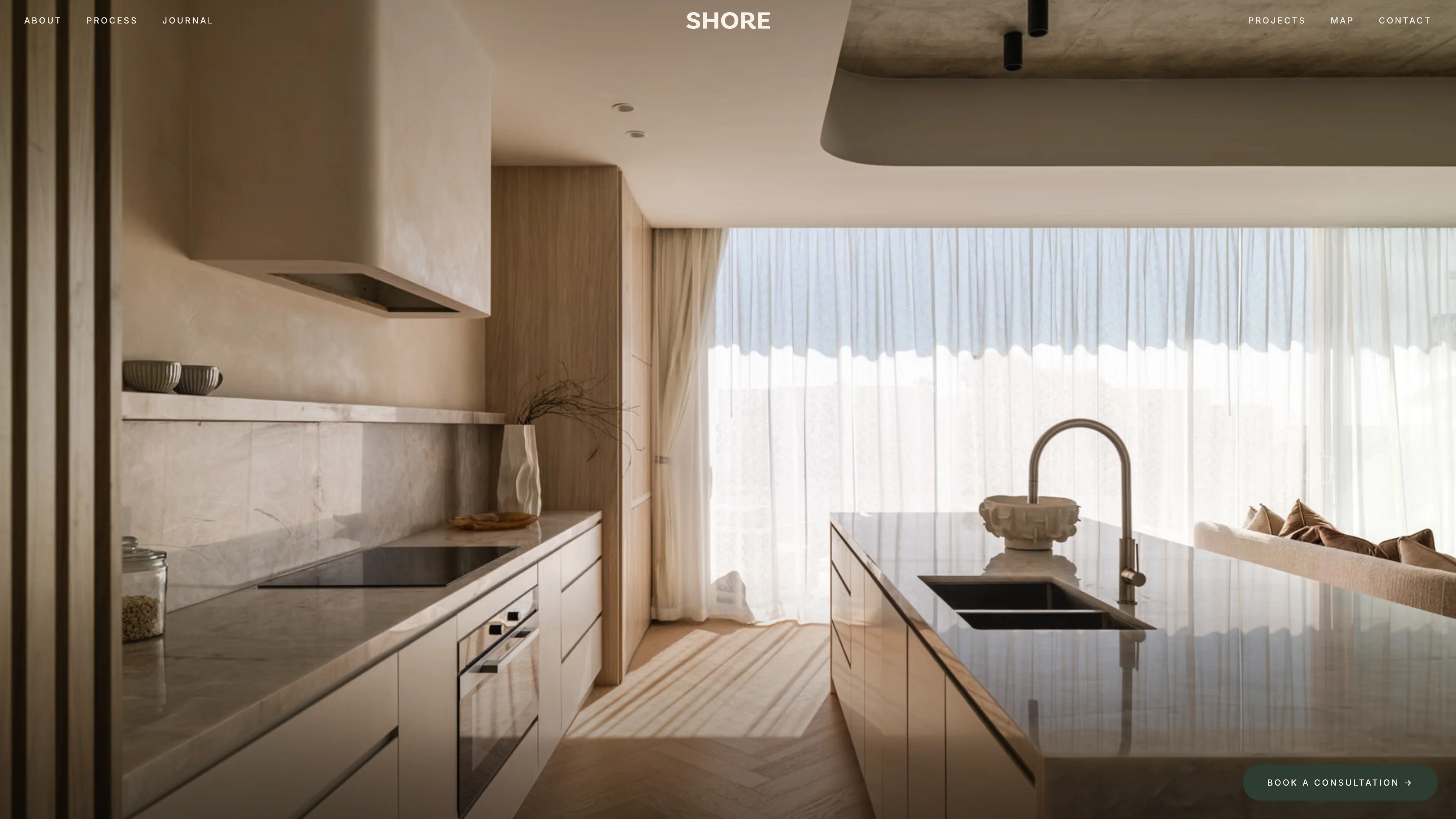 SHORE website with residential interior photography, project navigation and a consultation button